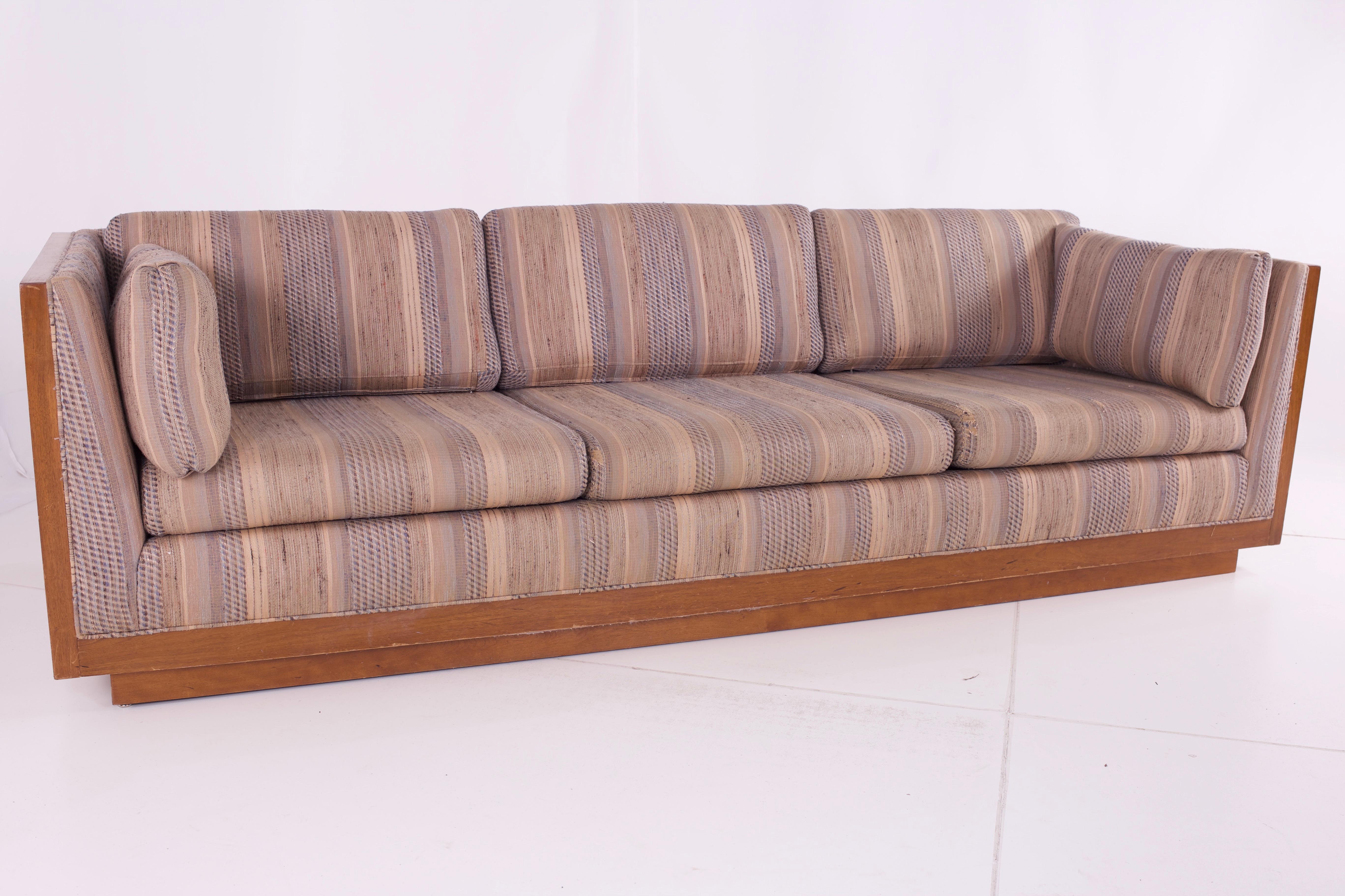 Milo Baughman style Mid Century walnut floating case sofa 

Measures: 94 wide x 35 deep x 26.25 high 

This price includes getting this piece in what we call restored vintage condition. That means the piece is permanently fixed upon purchase so it’s