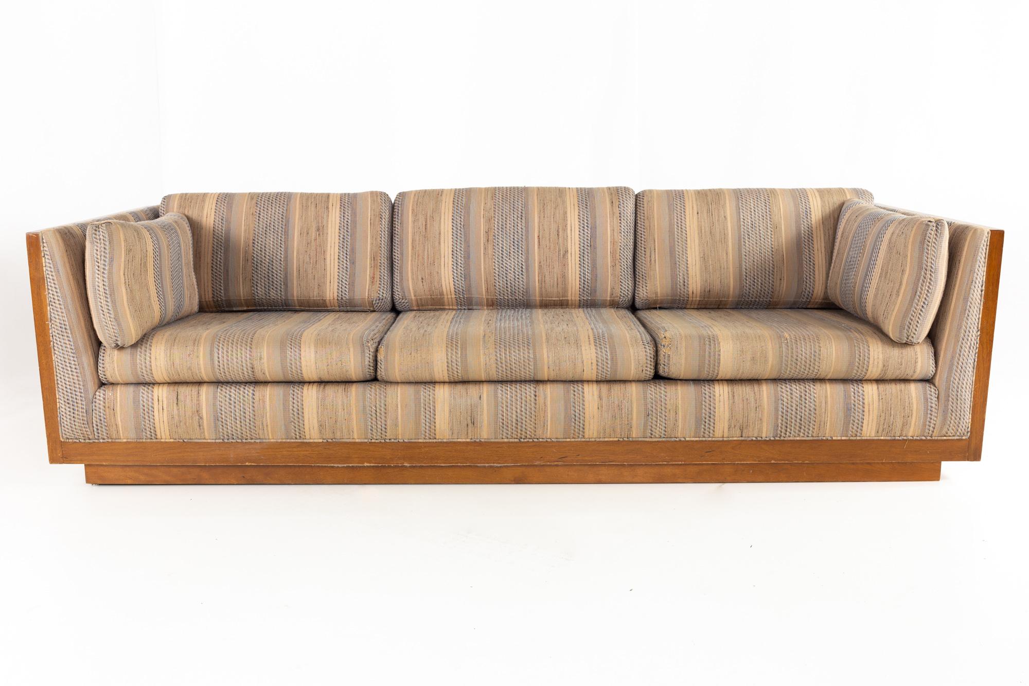 Milo Baughman Style mid century walnut floating case sofa 

Sofa measures: 94 wide x 35 deep x 26.25 inches high

All pieces of furniture can be had in what we call restored vintage condition. That means the piece is restored upon purchase so