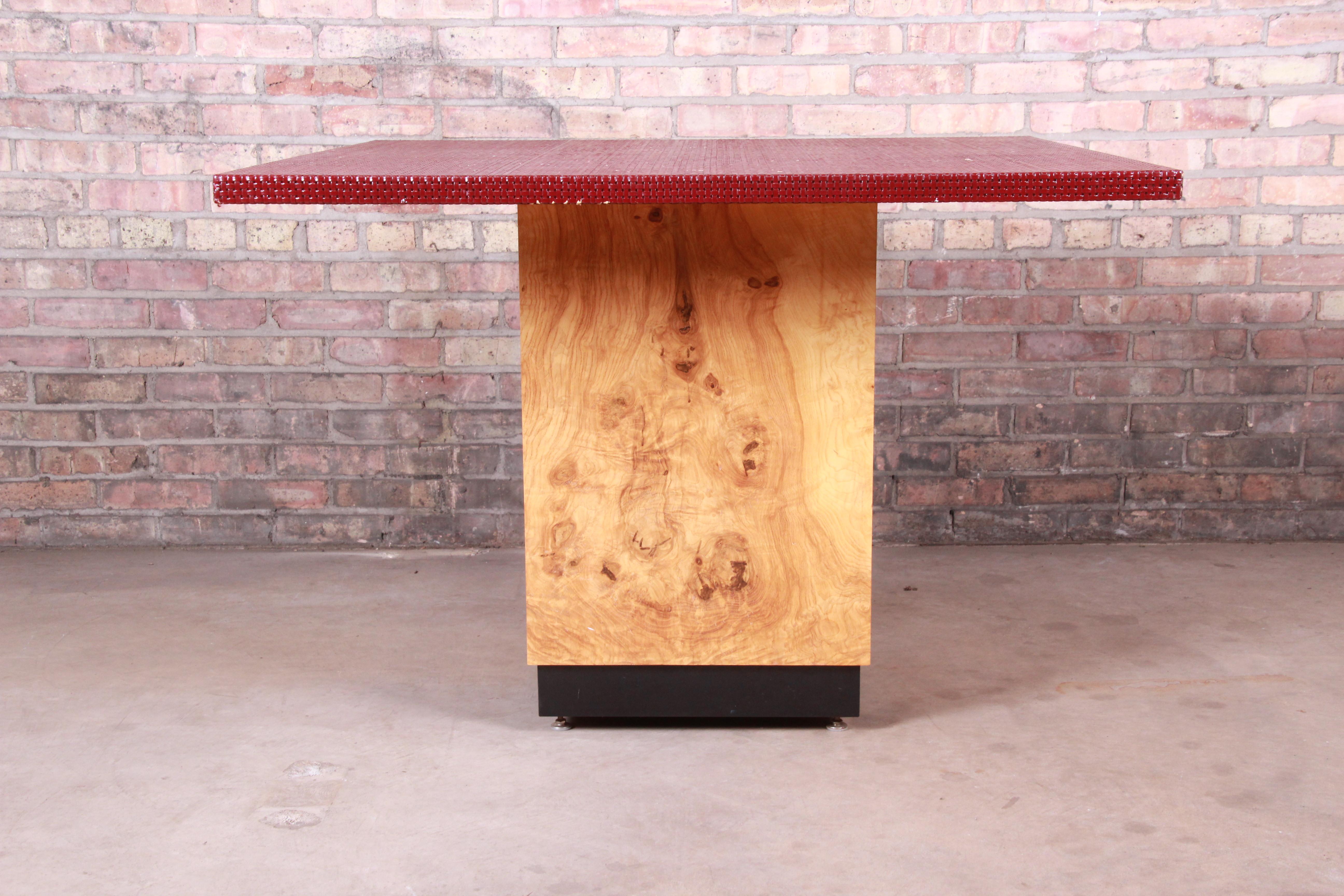 Mid-Century Modern Milo Baughman Style Midcentury Woven Rattan and Burl Wood Pedestal Dining Table