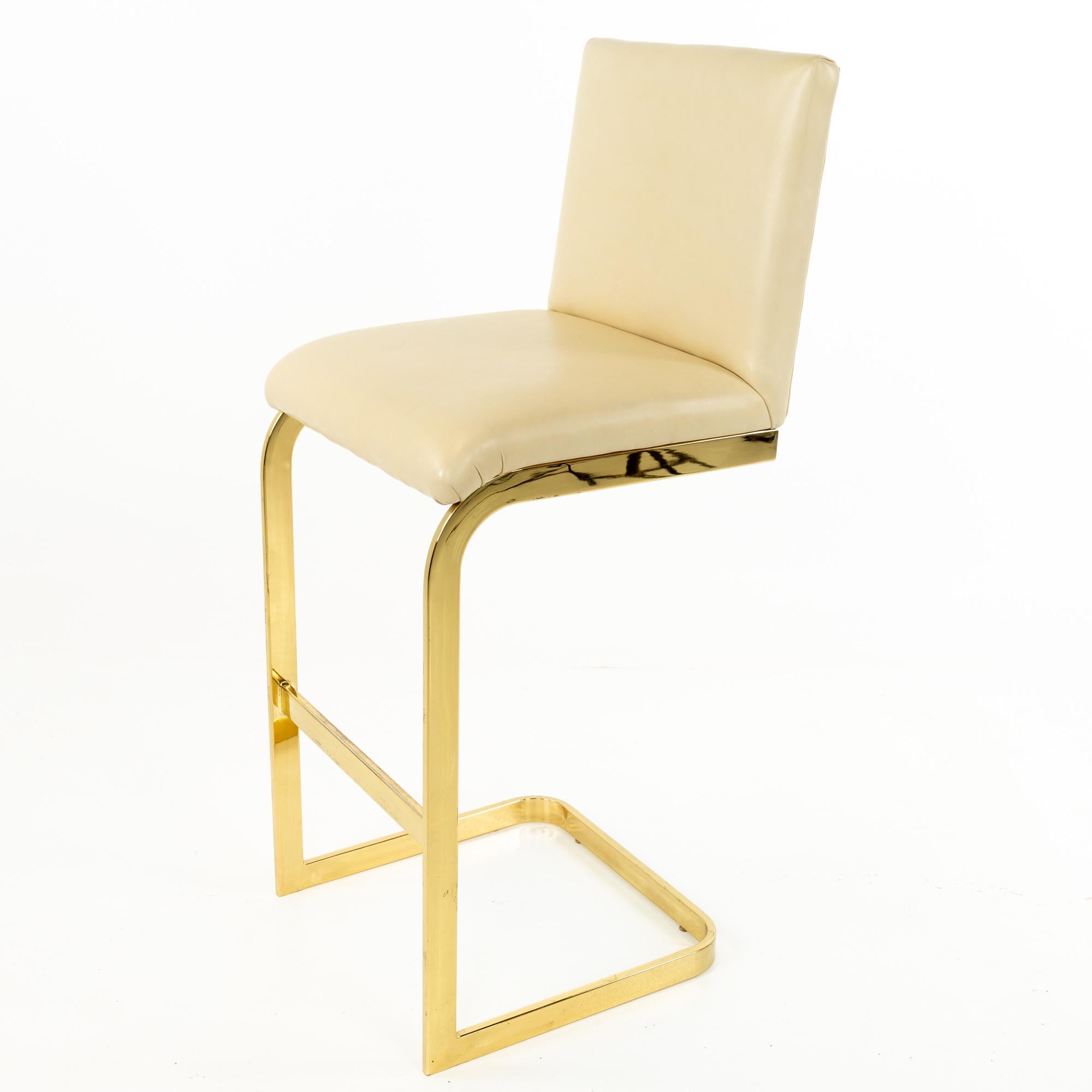 Milo Baughman Style Mid Century Brass and Cream Upholstered Cantilever Bar Stool 3
