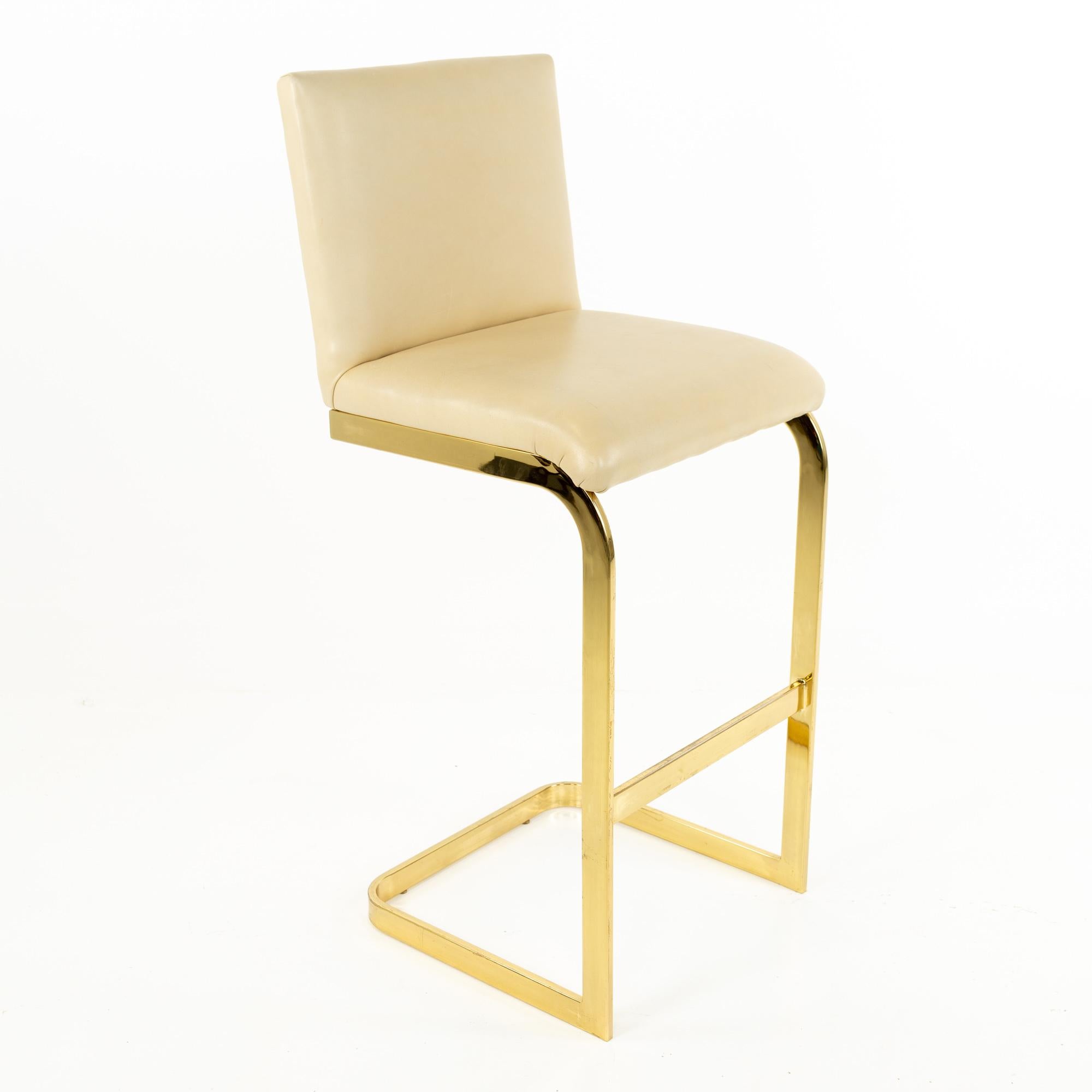 Mid-Century Modern Milo Baughman Style Mid Century Brass and Cream Upholstered Cantilever Bar Stool