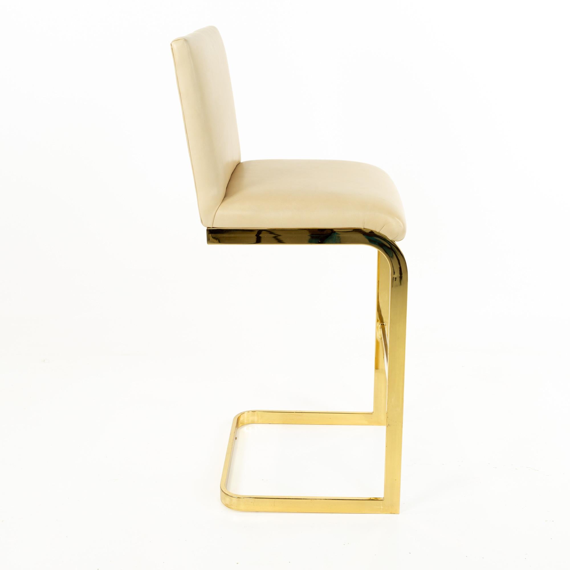 Unknown Milo Baughman Style Mid Century Brass and Cream Upholstered Cantilever Bar Stool