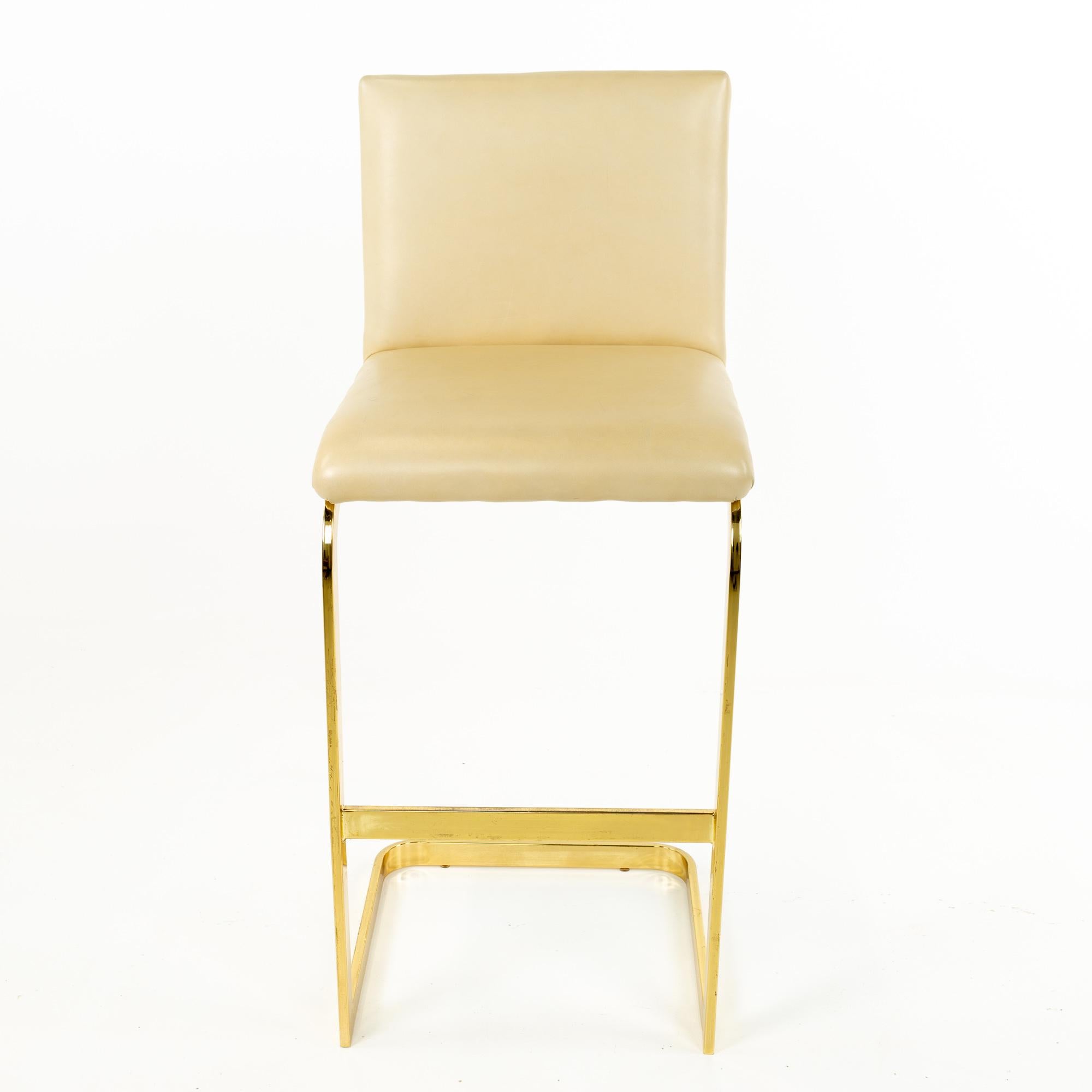 Milo Baughman Style Mid Century Brass and Cream Upholstered Cantilever Bar Stool In Good Condition In Countryside, IL