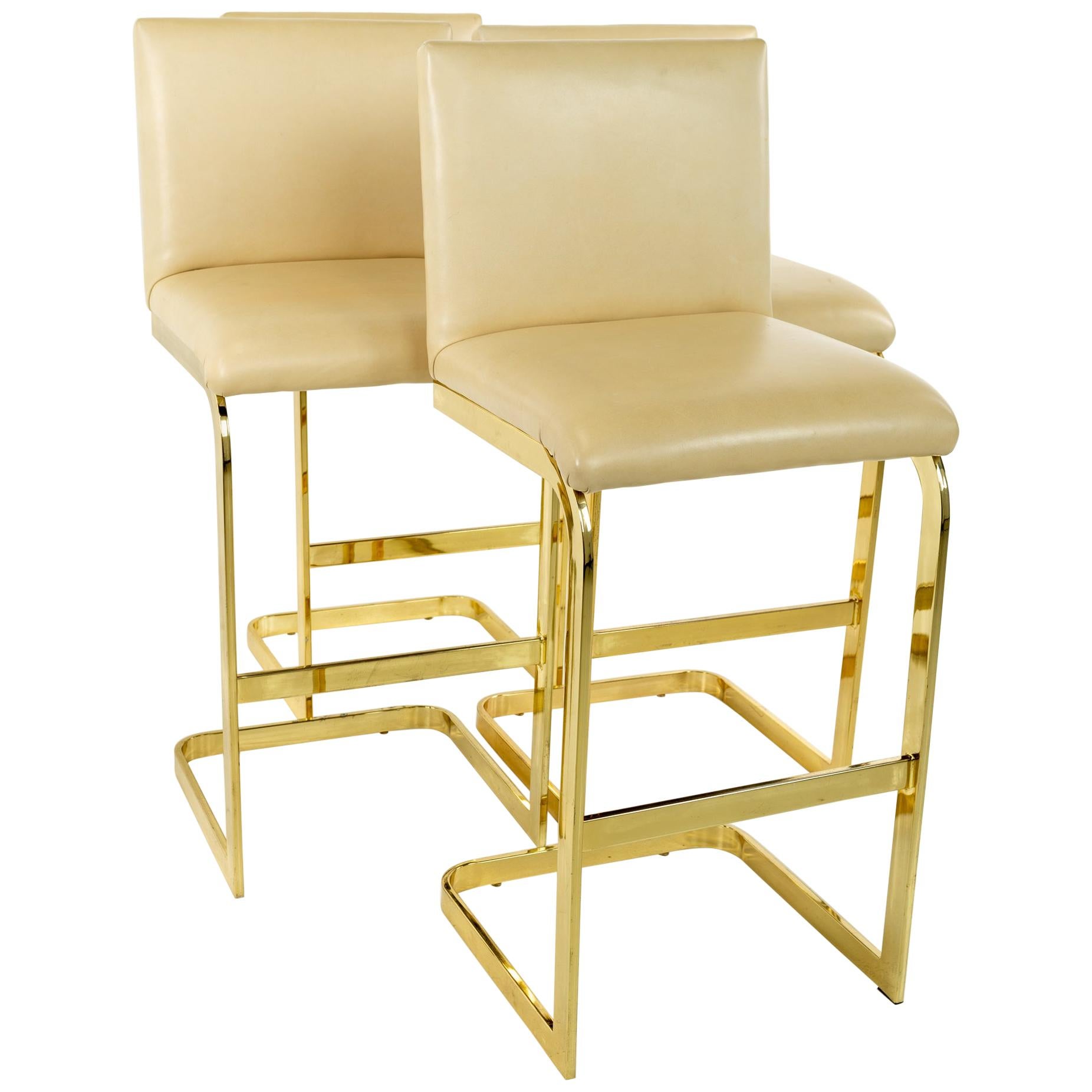 Milo Baughman Style Mid Century Brass and Cream Upholstered Cantilever Bar Stool