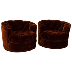 Milo Baughman Style Midcentury Burgundy Tufted Barrel Swivel Lounge Chairs, Pair