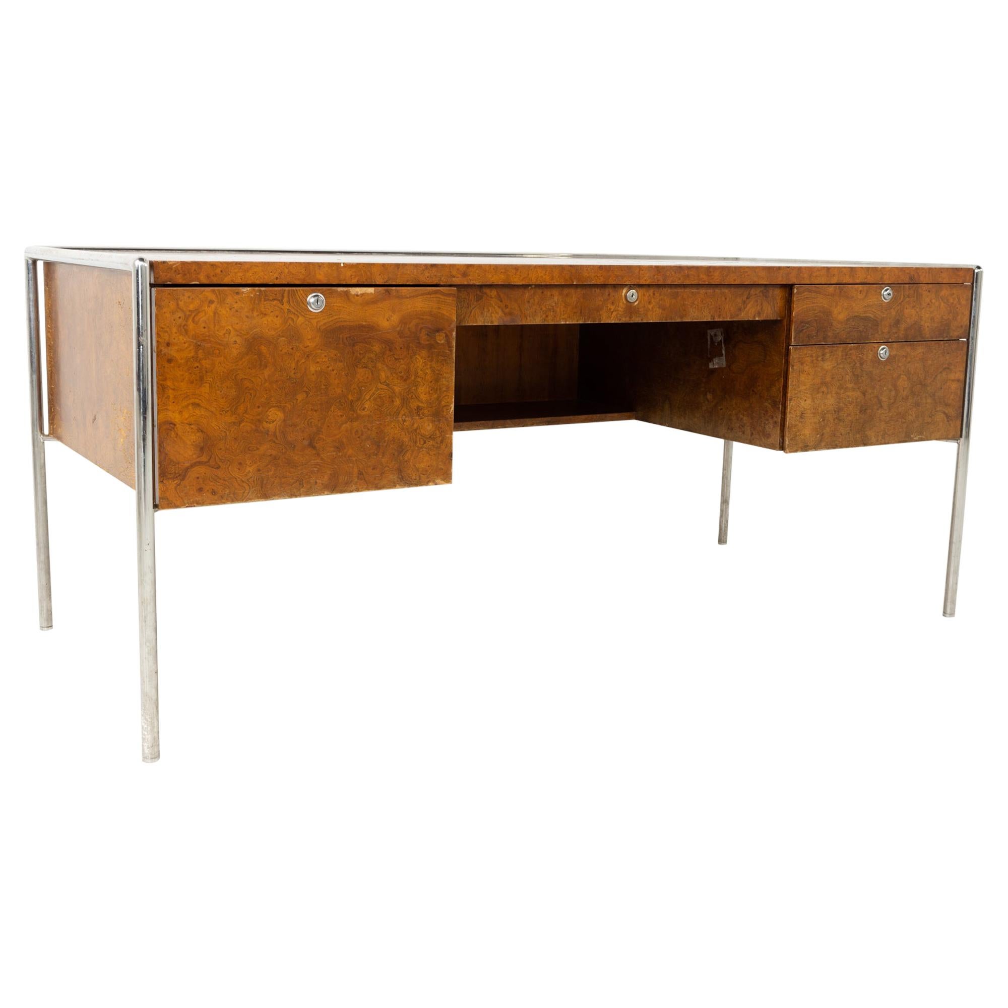 Milo Baughman Style Mid Century Burl Wood and Chrome Executive Desk