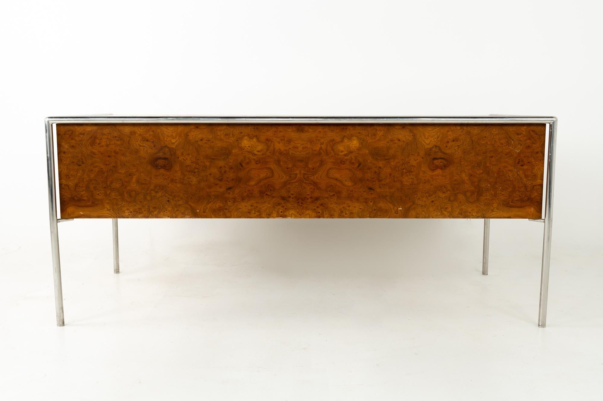 Mid-Century Modern Milo Baughman Style Mid Century Burl Wood and Chrome Executive Desk