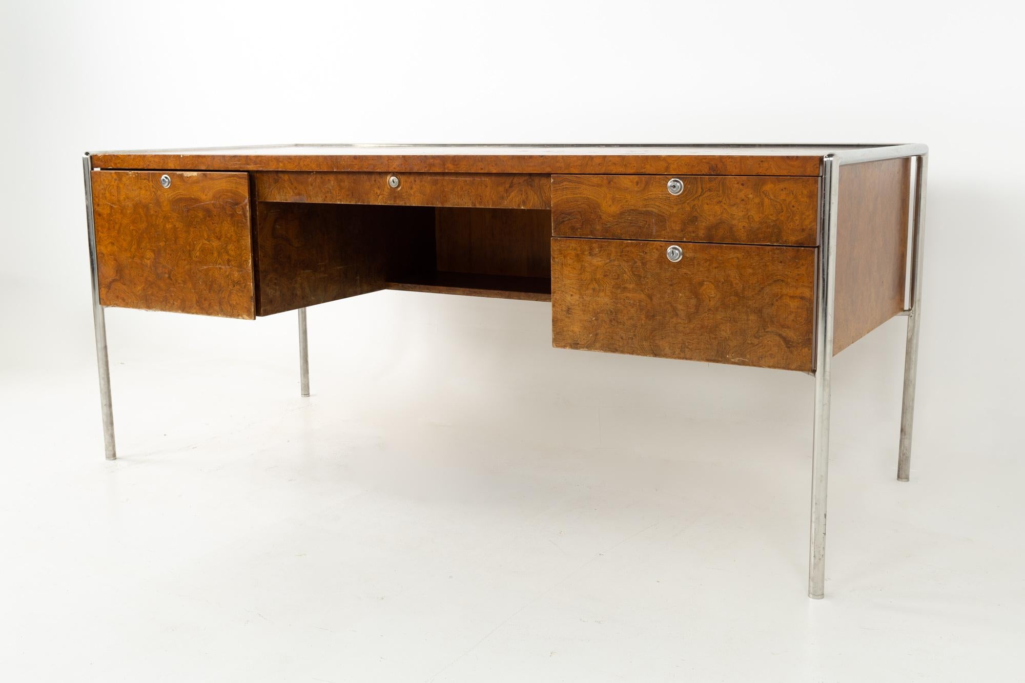 American Milo Baughman Style Mid Century Burl Wood and Chrome Executive Desk