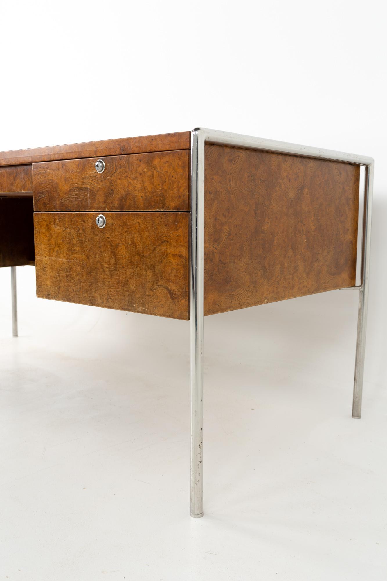 Late 20th Century Milo Baughman Style Mid Century Burl Wood and Chrome Executive Desk