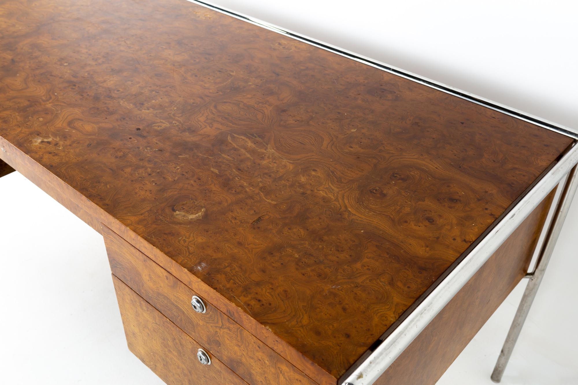 Milo Baughman Style Mid Century Burl Wood and Chrome Executive Desk 1