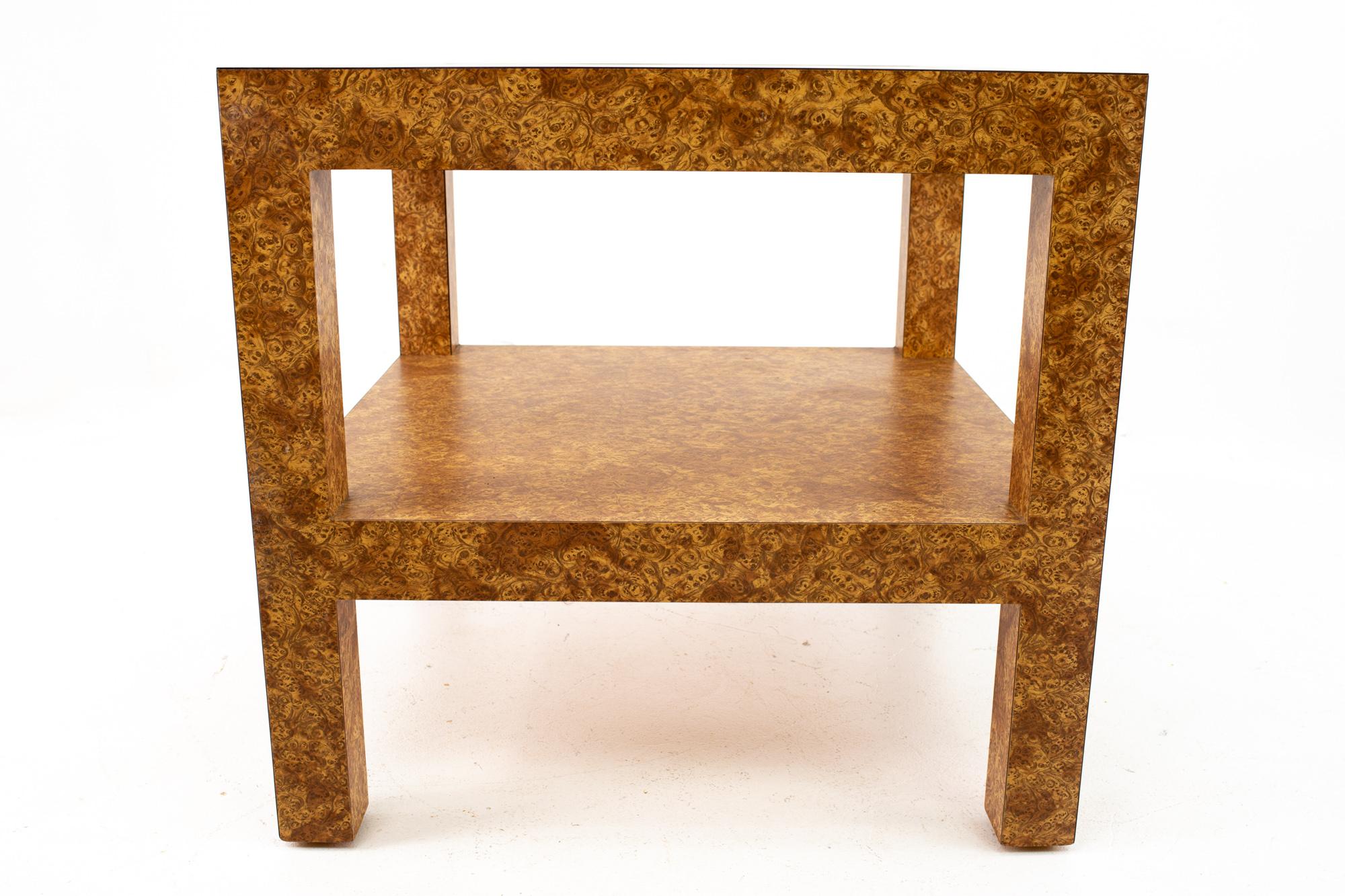 American Milo Baughman Style Mid Century Burlwood Formica and Glass Coffee Table For Sale