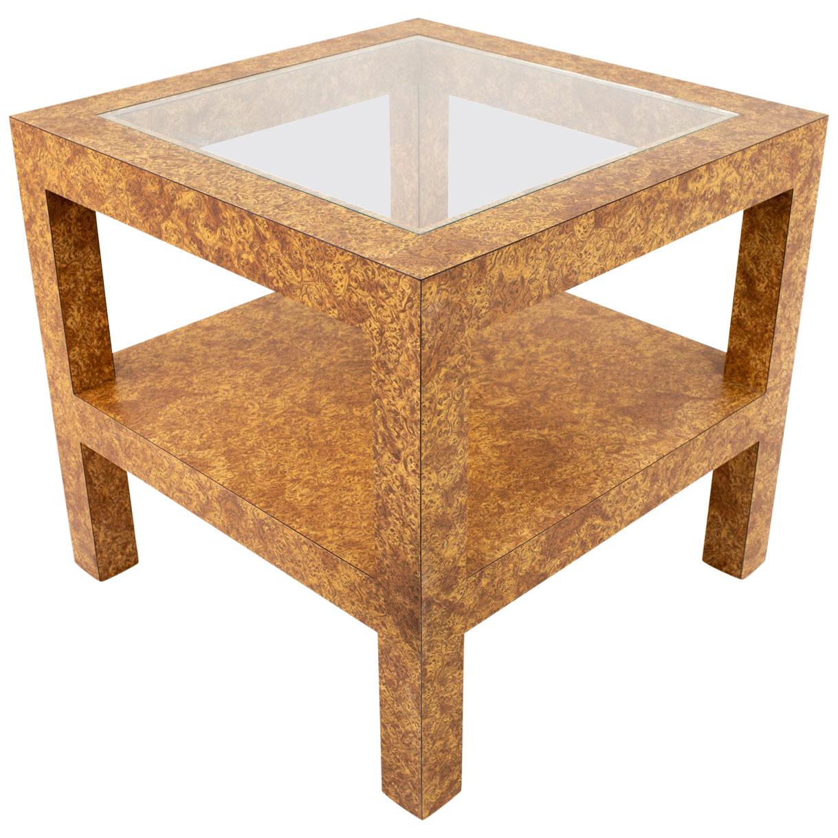 Table basse mi-siècle en bois de ronce de formica et verre de style Milo Baughman