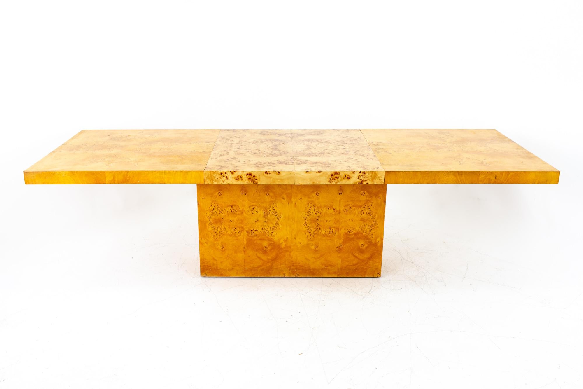 Late 20th Century Milo Baughman Style Mid Century Burl Wood Pedestal Dining Table with 2 Leaves