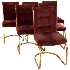 Milo Baughman Style Midcentury Cantilever Brass Chairs, Set of 6