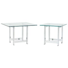 Vintage Milo Baughman Style Mid Century Chrome and Glass Side End Tables, Pair