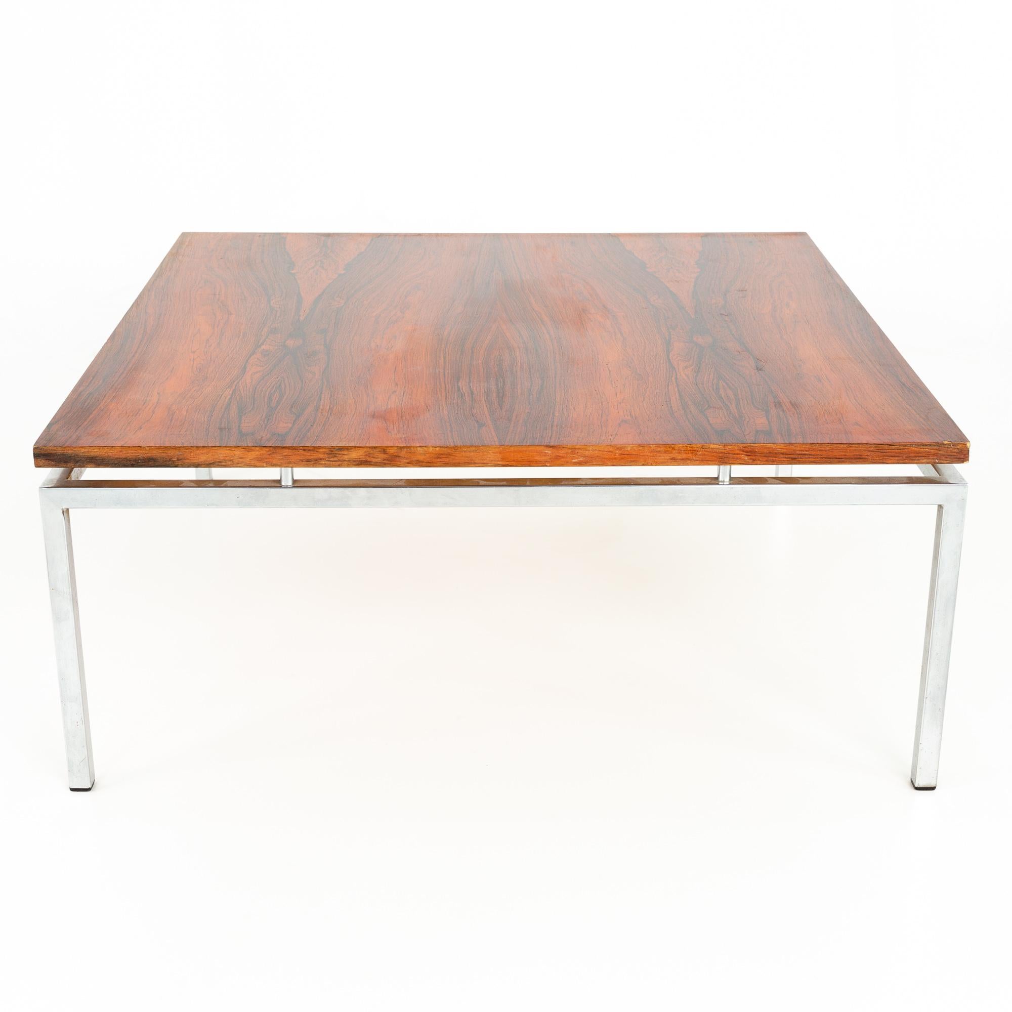 Milo Baughman style Mid Century chrome and rosewood square coffee table
Measures: 31.5 wide x 31.5 deep x 13.5 inches high

All pieces of furniture can be had in what we call restored vintage condition. That means the piece is restored upon purchase