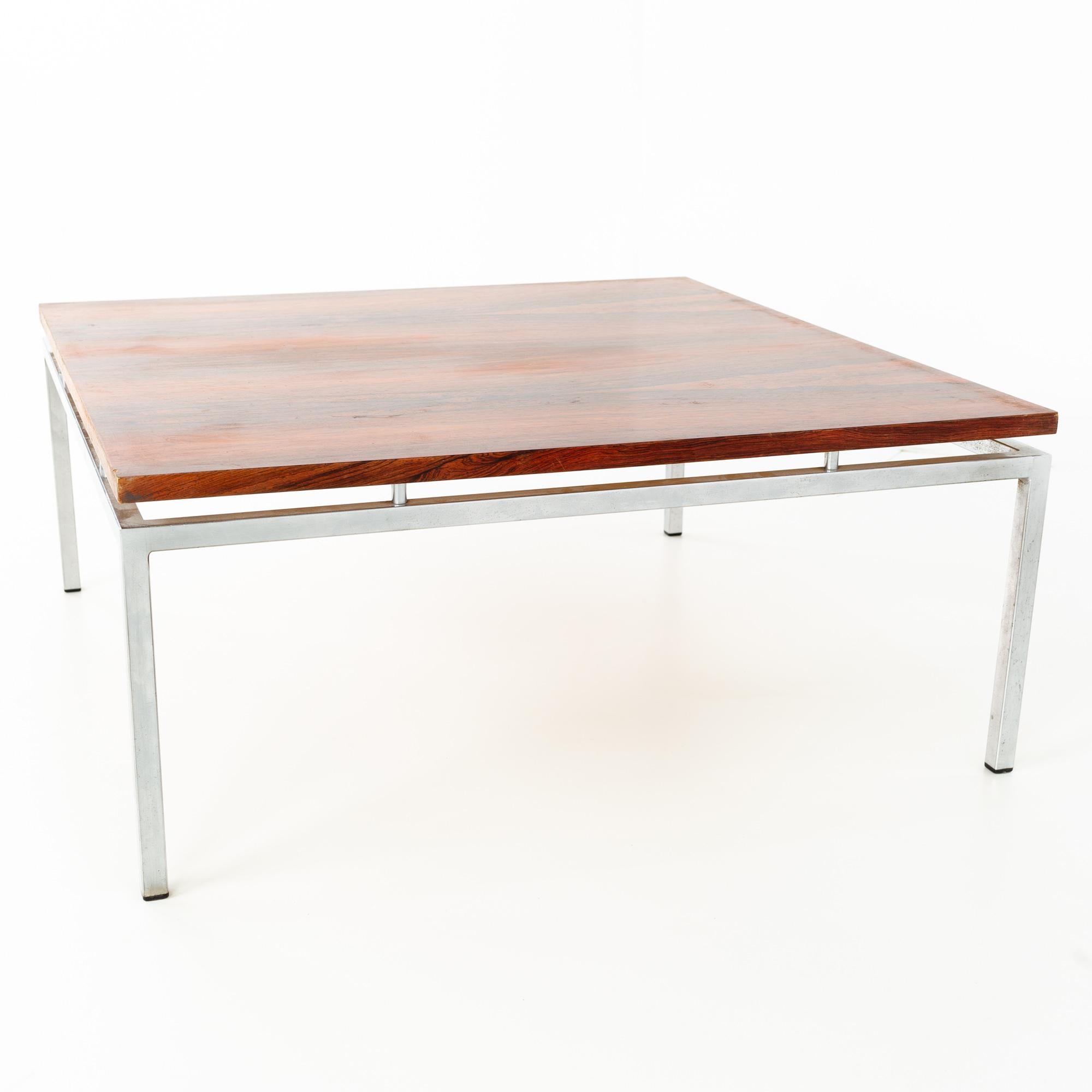 American Milo Baughman Style Mid Century Chrome and Rosewood Square Coffee Table