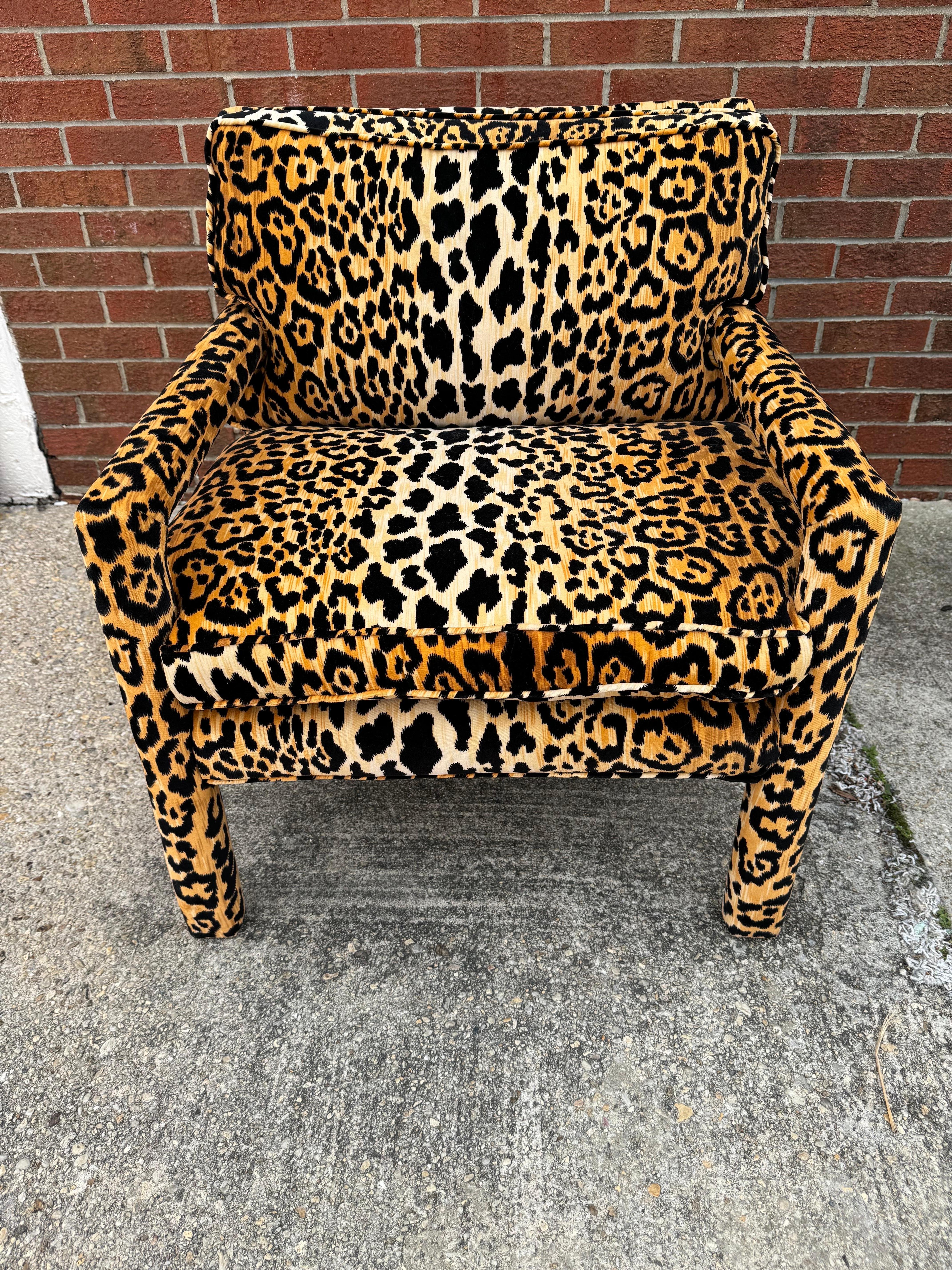 Hand-Crafted Milo Baughman Style Modern Parsons Chair in Leopard Velvet