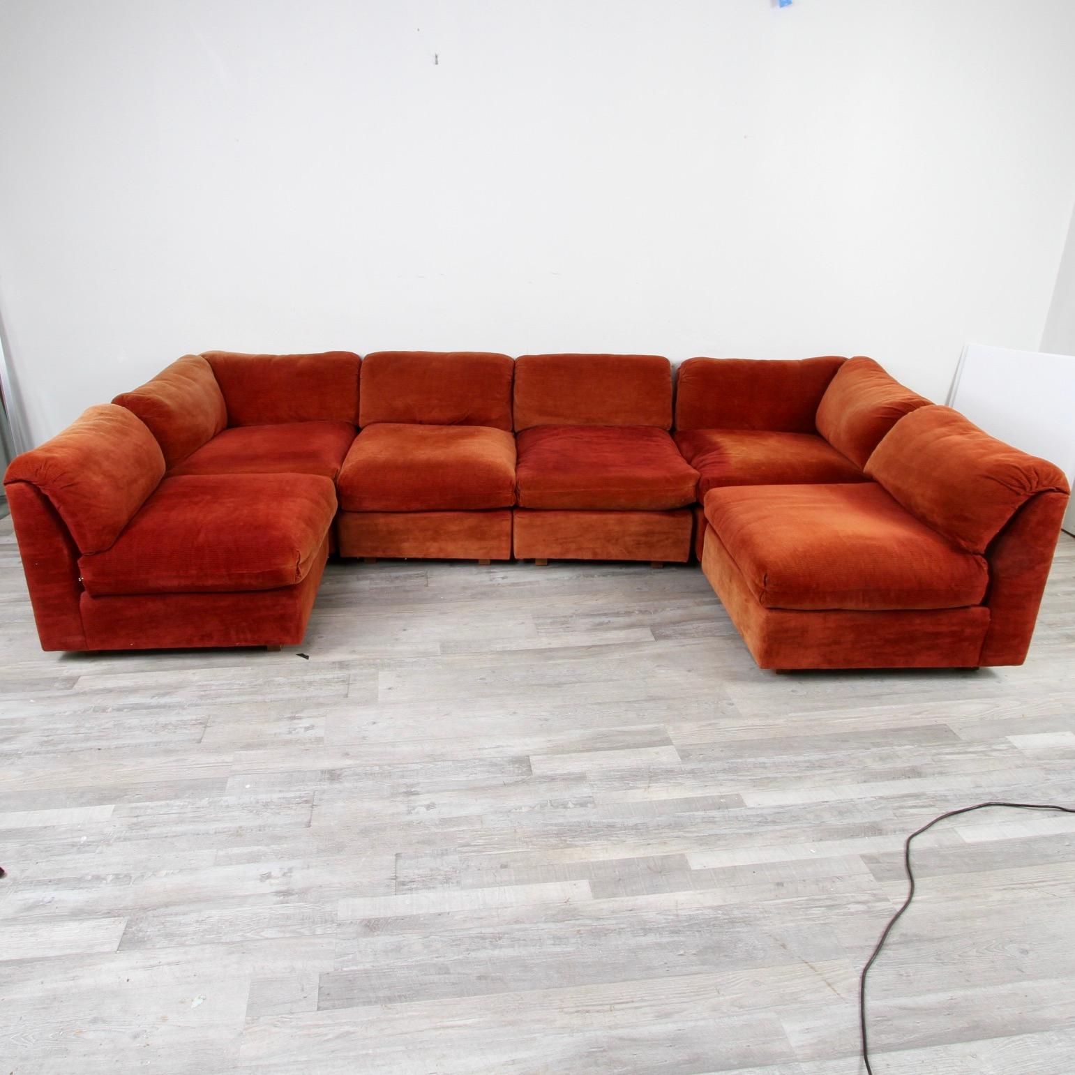 Fresh from the original owners, this iconic 70s corduroy modular sectional sofa is a great candidate for reupholstery. Cushions still have clean, foam and springs. Sun fading on a few sections as expected after 50 years.