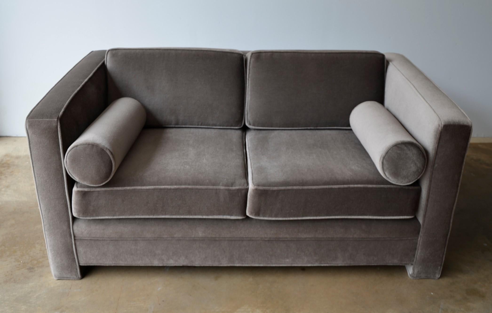Mid-Century Modern Milo Baughman Style New Original Gray or Taupe Mohair Wool Tuxedo Loveseat Sofa
