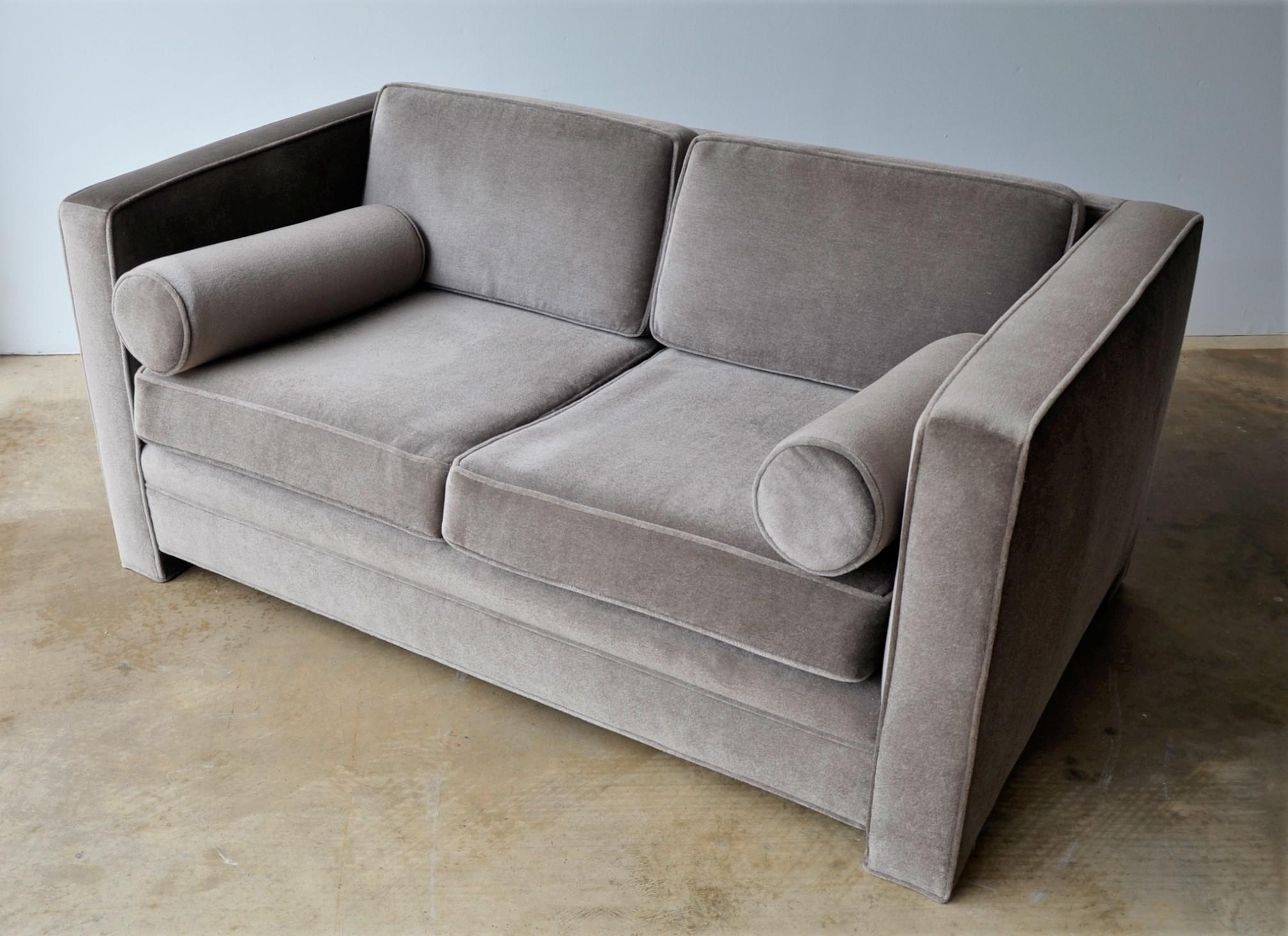 American Milo Baughman Style New Original Gray or Taupe Mohair Wool Tuxedo Loveseat Sofa
