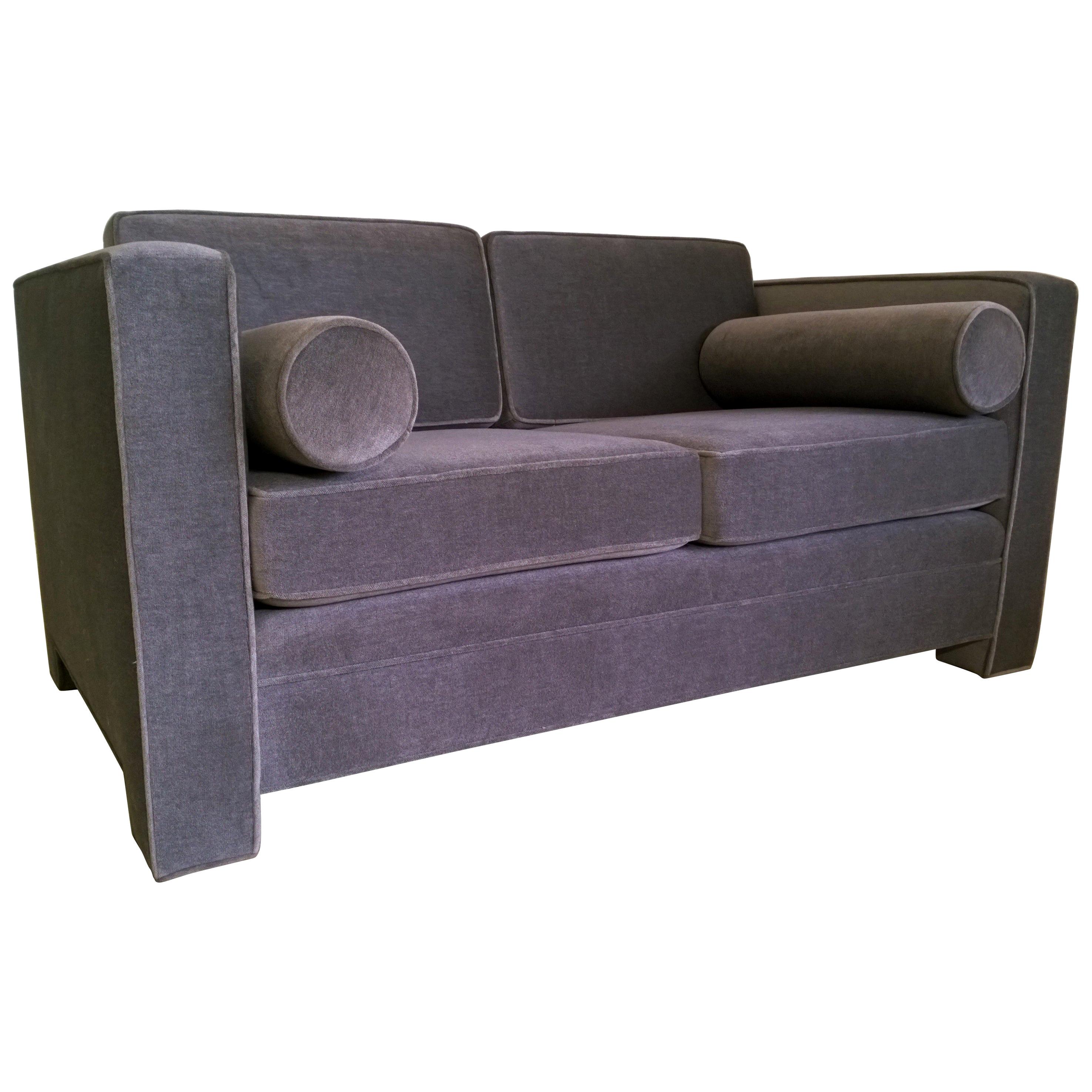 Milo Baughman Style New Original Gray / Taupe Mohair Wool Tuxedo Love Seat Sofa