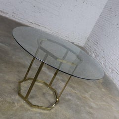 Milo Baughman Style Octagon Brass-Plated Metal Dining Table with Round Glass Top