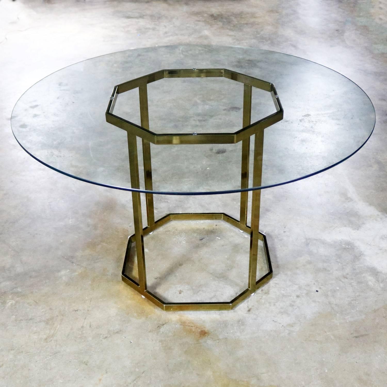 Modern Milo Baughman Style Octagon Brass-Plated Metal Dining Table with Round Glass Top