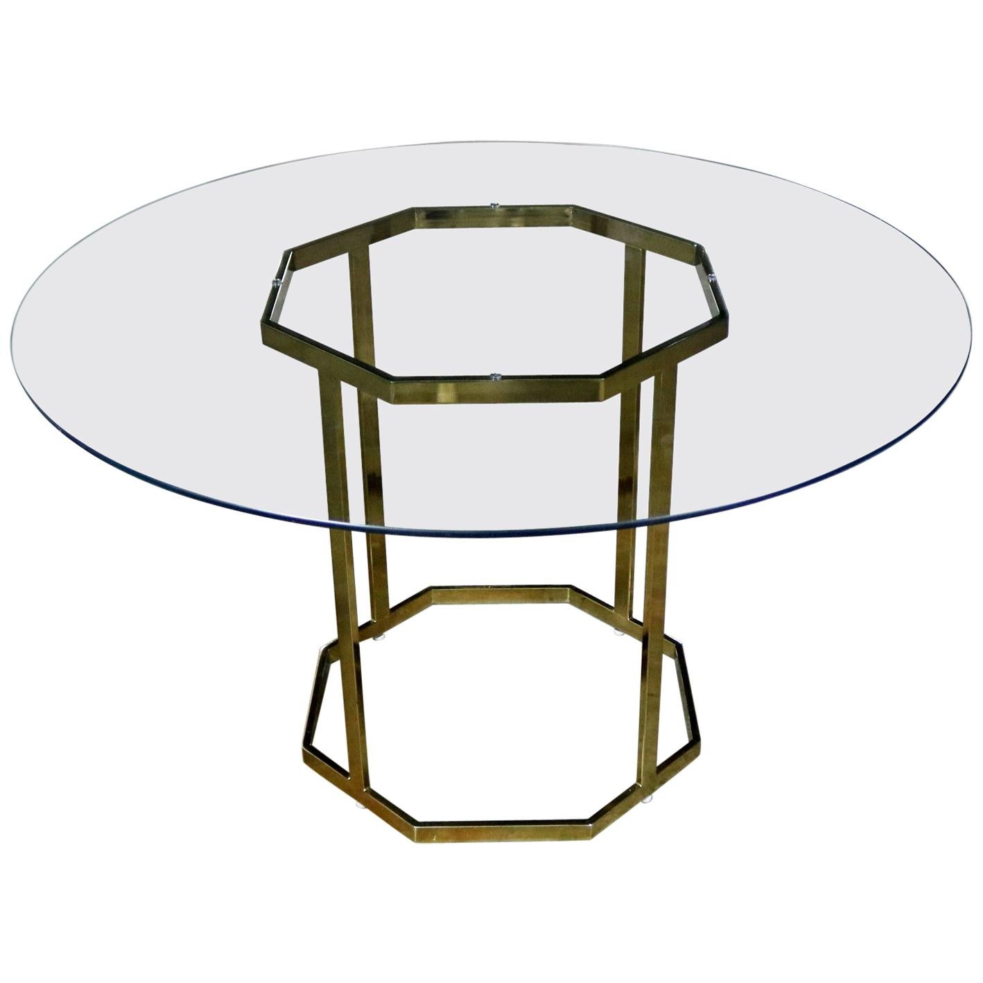Milo Baughman Style Octagon Brass-Plated Metal Dining Table with Round Glass Top