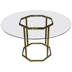 Used Milo Baughman Style Octagon Brass-Plated Metal Dining Table with Round Glass Top