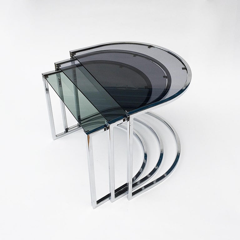 Milo Baughman Style of Chrome and Glass Nest Side Tables, Mid Century