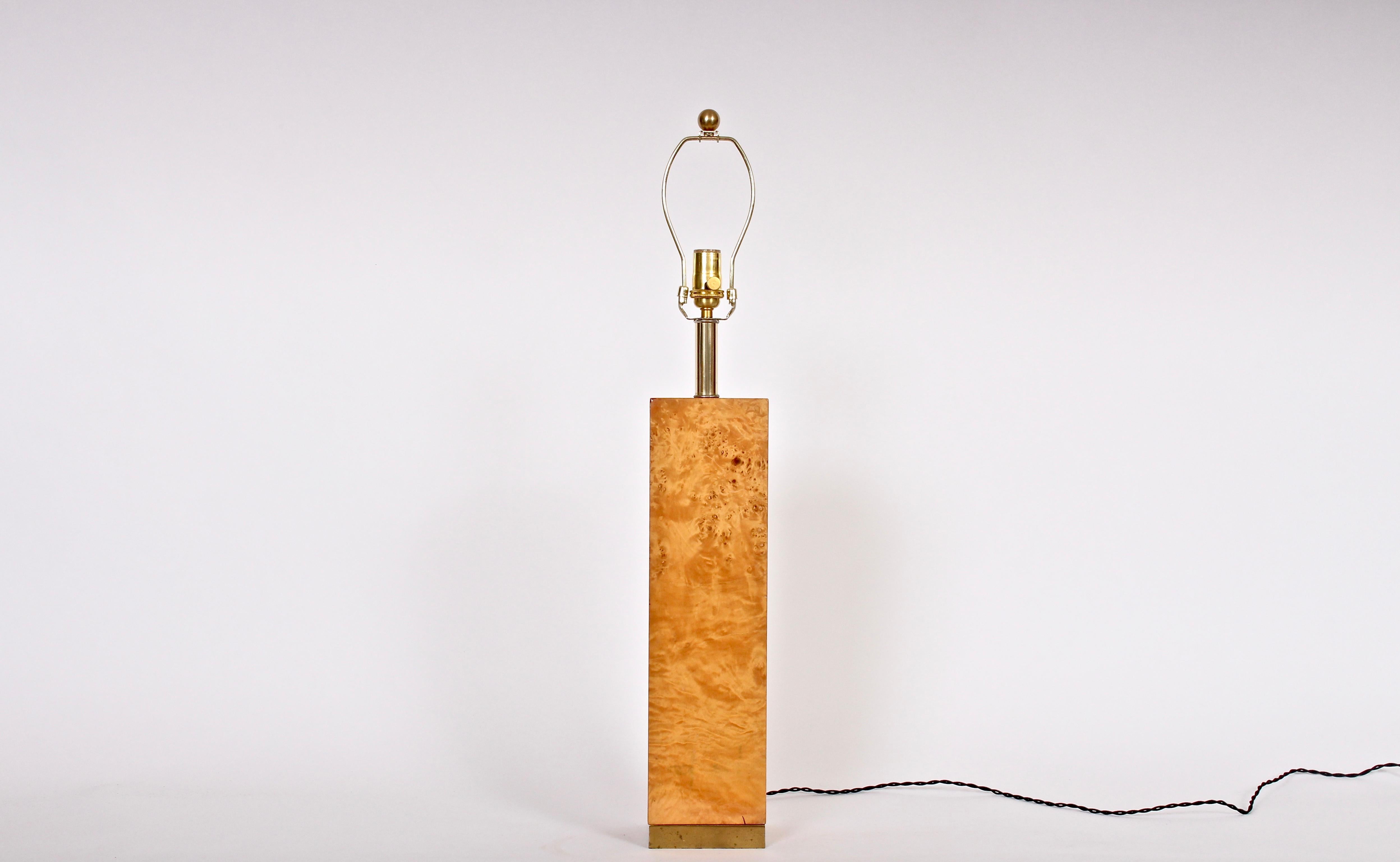 American modern olive burl wood column table lamp in the style of Milo Baughman
square block column crafted olive burl wood. 25H to top of socket. Shade shown for display only (10D x 15H). Rewired with new brass hardware and Black braided cloth