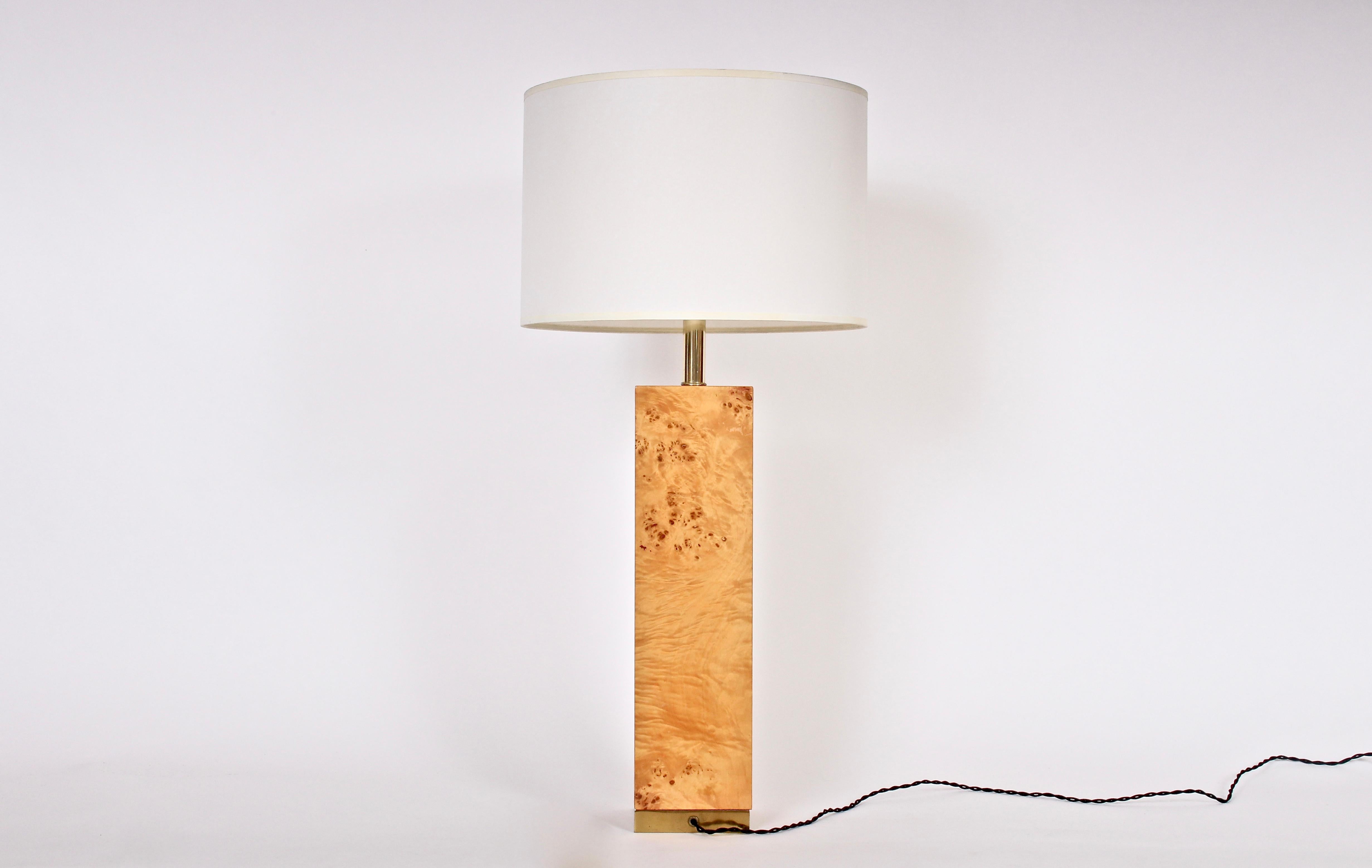 American Milo Baughman Style Olive Burl Wood Column Table Lamp, 1970s