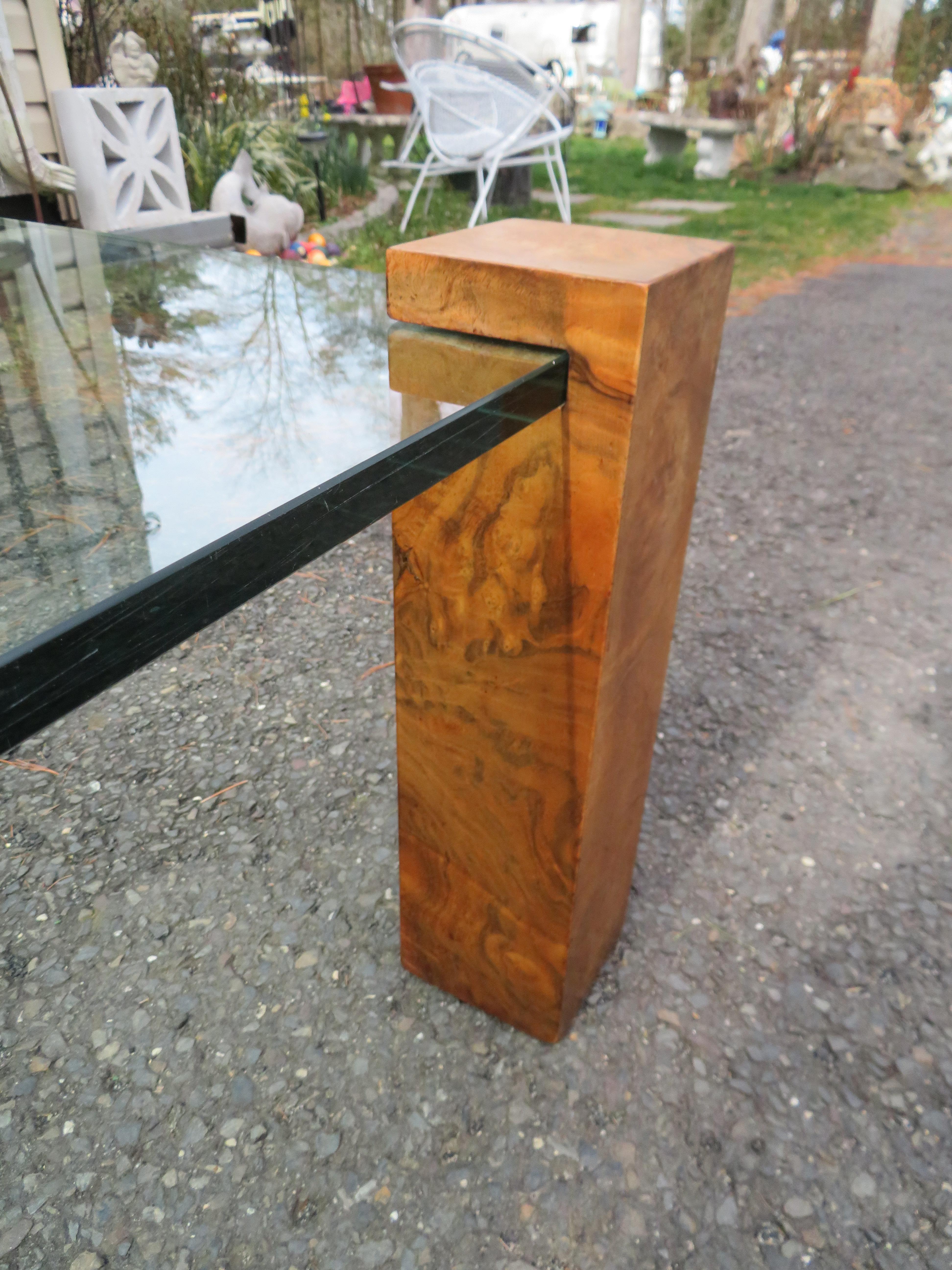 Milo Baughman Style Olivewood Column Coffee Cocktail Table Mid-Century Modern 6
