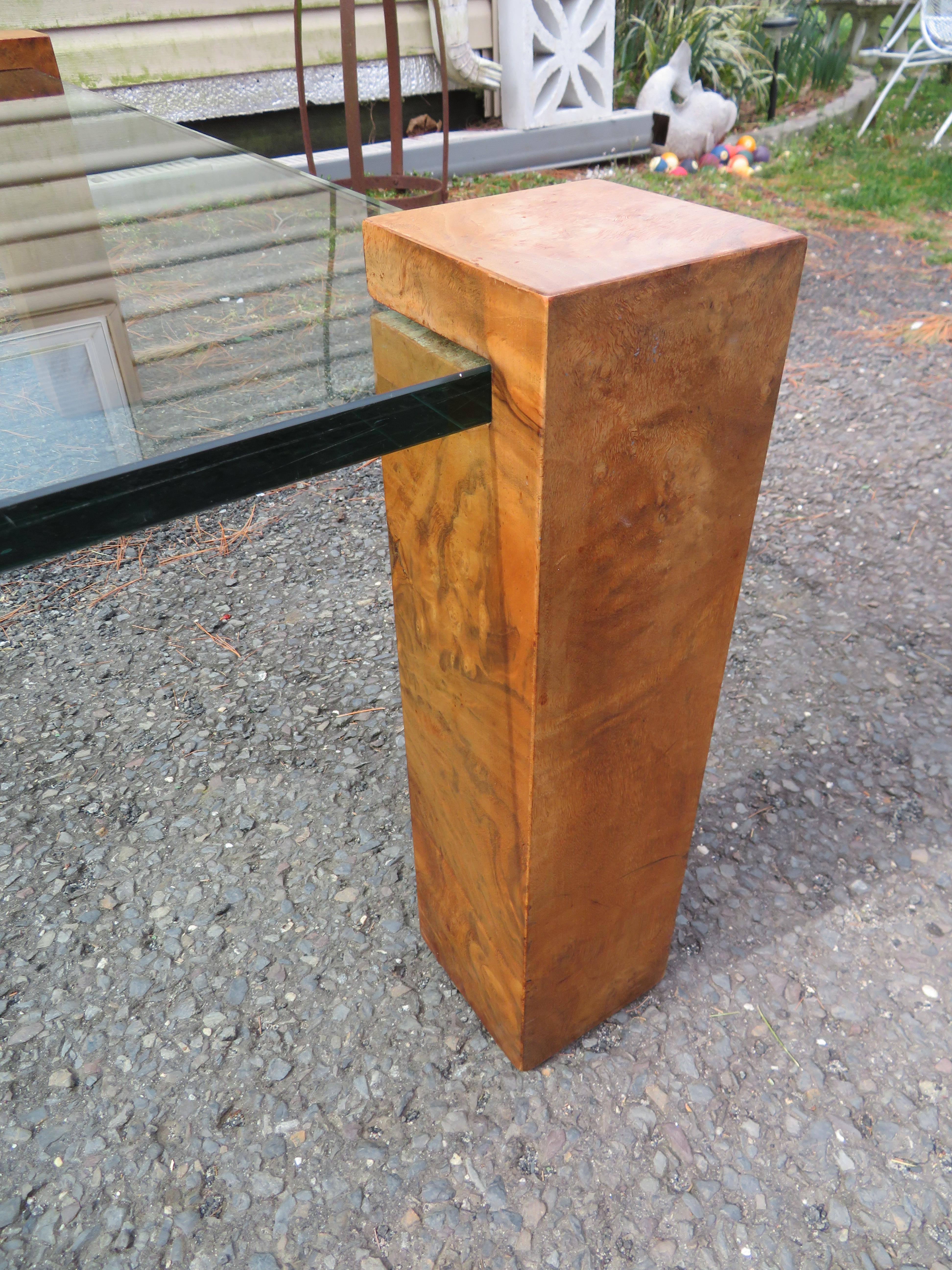 Late 20th Century Milo Baughman Style Olivewood Column Coffee Cocktail Table Mid-Century Modern For Sale
