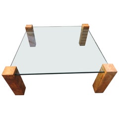 Milo Baughman Style Olivewood Column Coffee Cocktail Table Mid-Century Modern