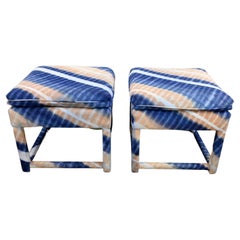 Retro Milo Baughman Style Pair of Blue & Orange Tie-Dye Parsons Style Ottomans Stools