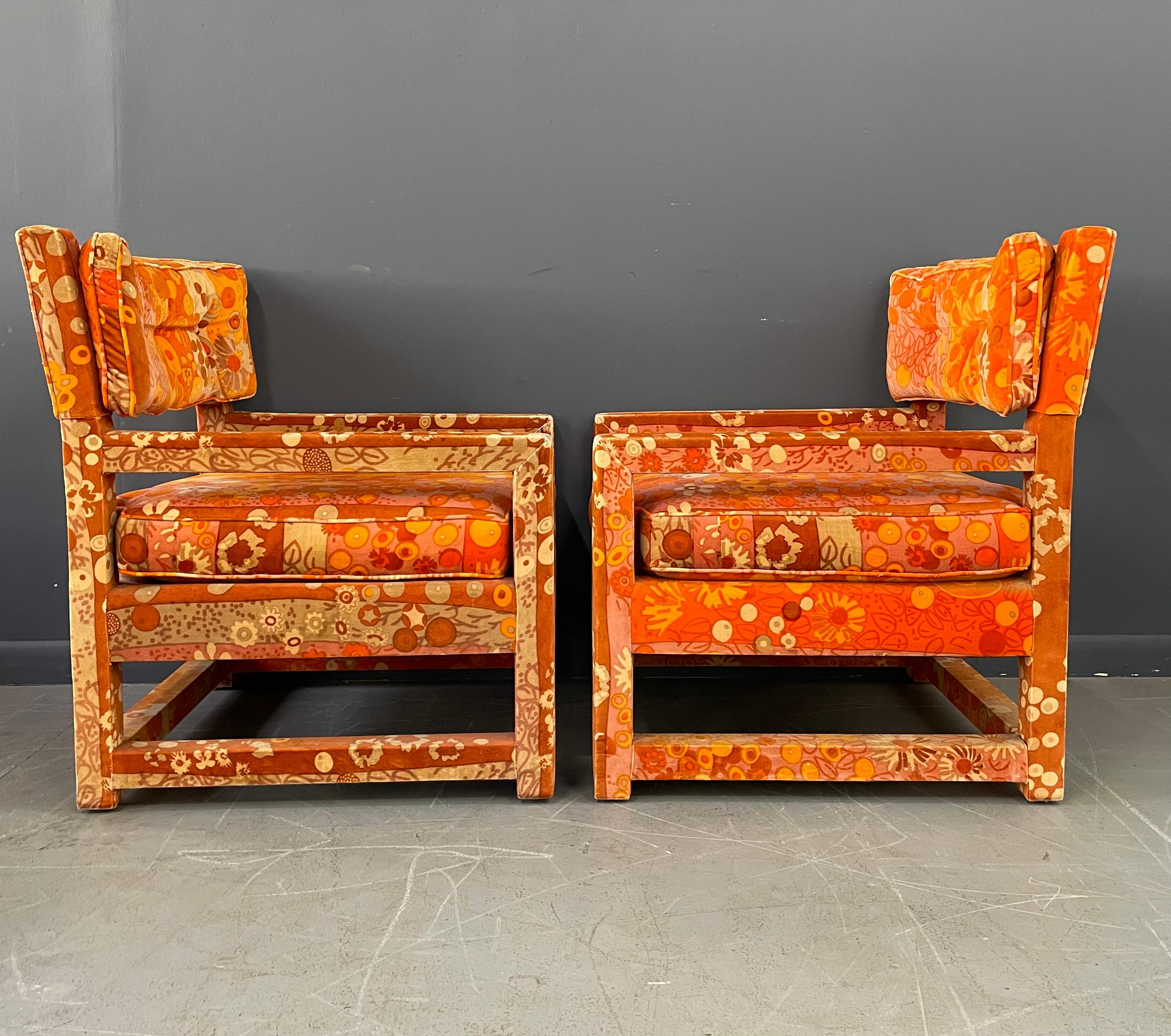 Mid-Century Modern Milo Baughman Style Pair of Custom Parsons Chairs with Jack Lenor Larson Fabric