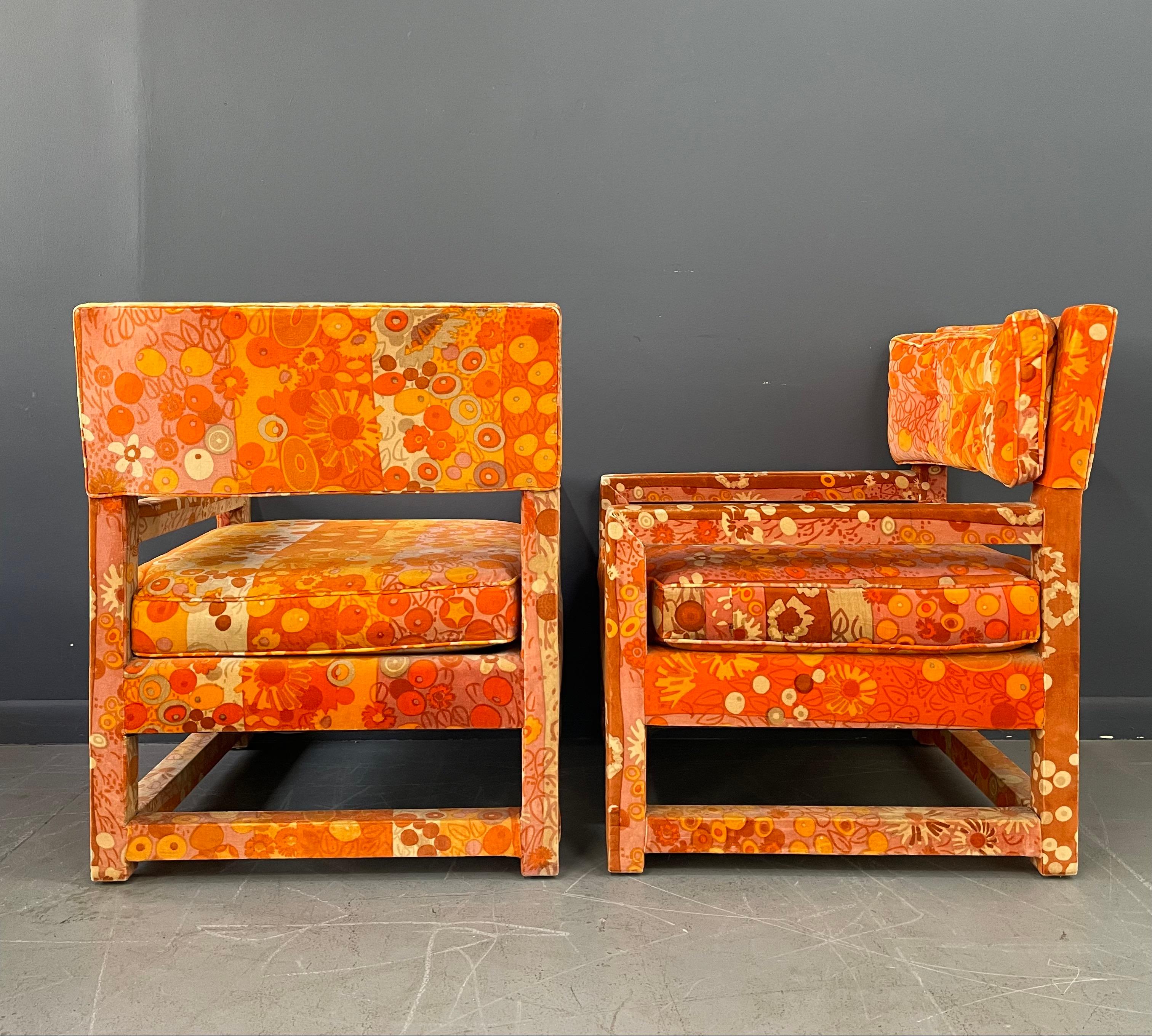 North American Milo Baughman Style Pair of Custom Parsons Chairs with Jack Lenor Larson Fabric