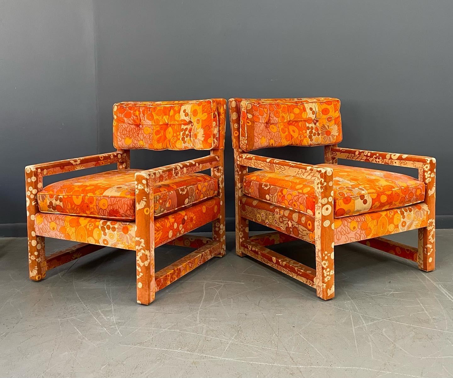 20th Century Milo Baughman Style Pair of Custom Parsons Chairs with Jack Lenor Larson Fabric