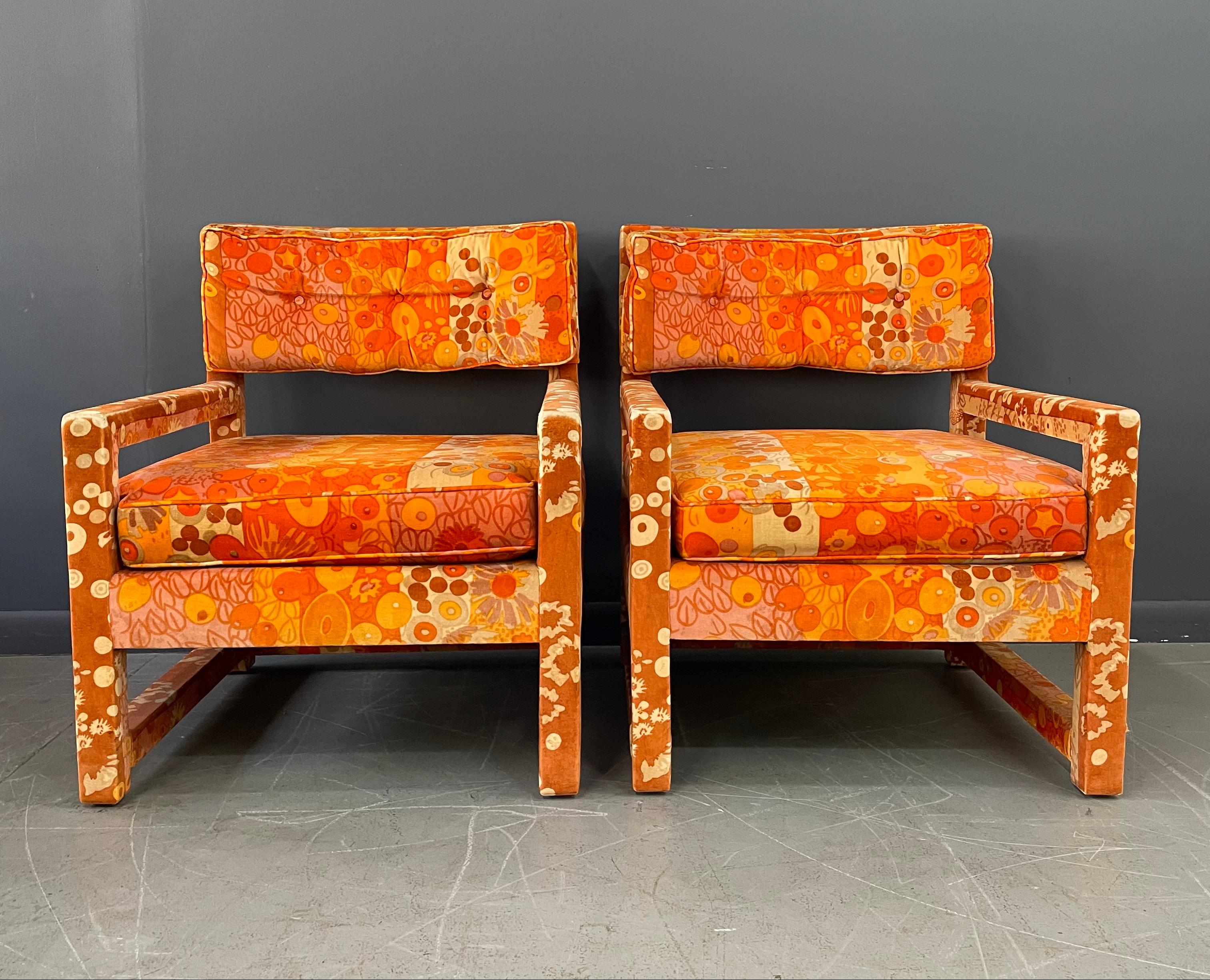 Velvet Milo Baughman Style Pair of Custom Parsons Chairs with Jack Lenor Larson Fabric