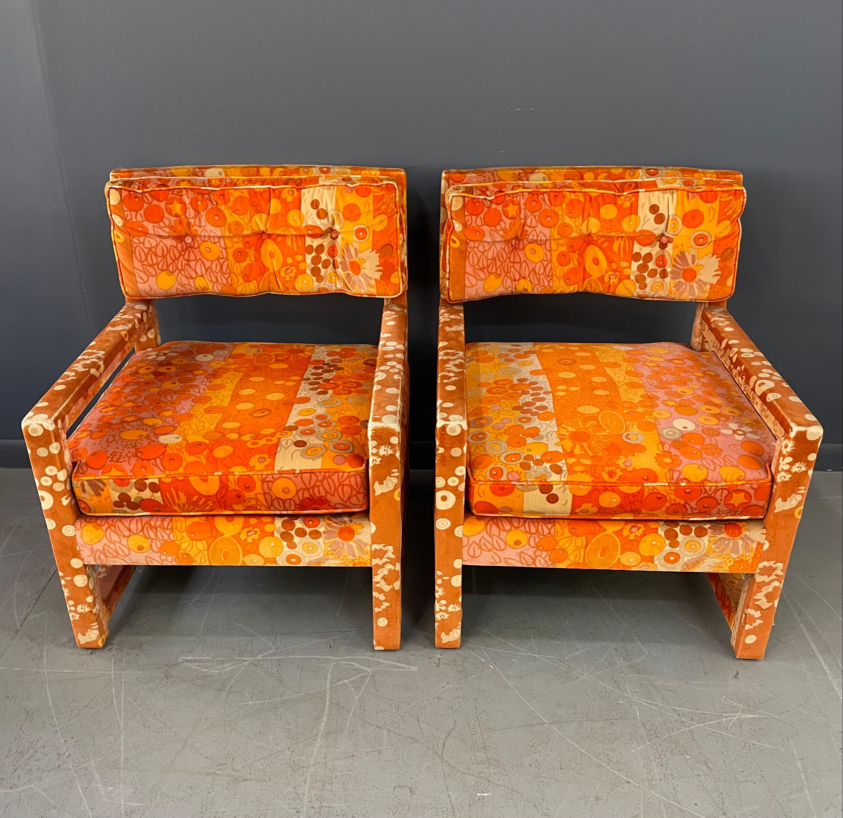 Milo Baughman Style Pair of Custom Parsons Chairs with Jack Lenor Larson Fabric 1