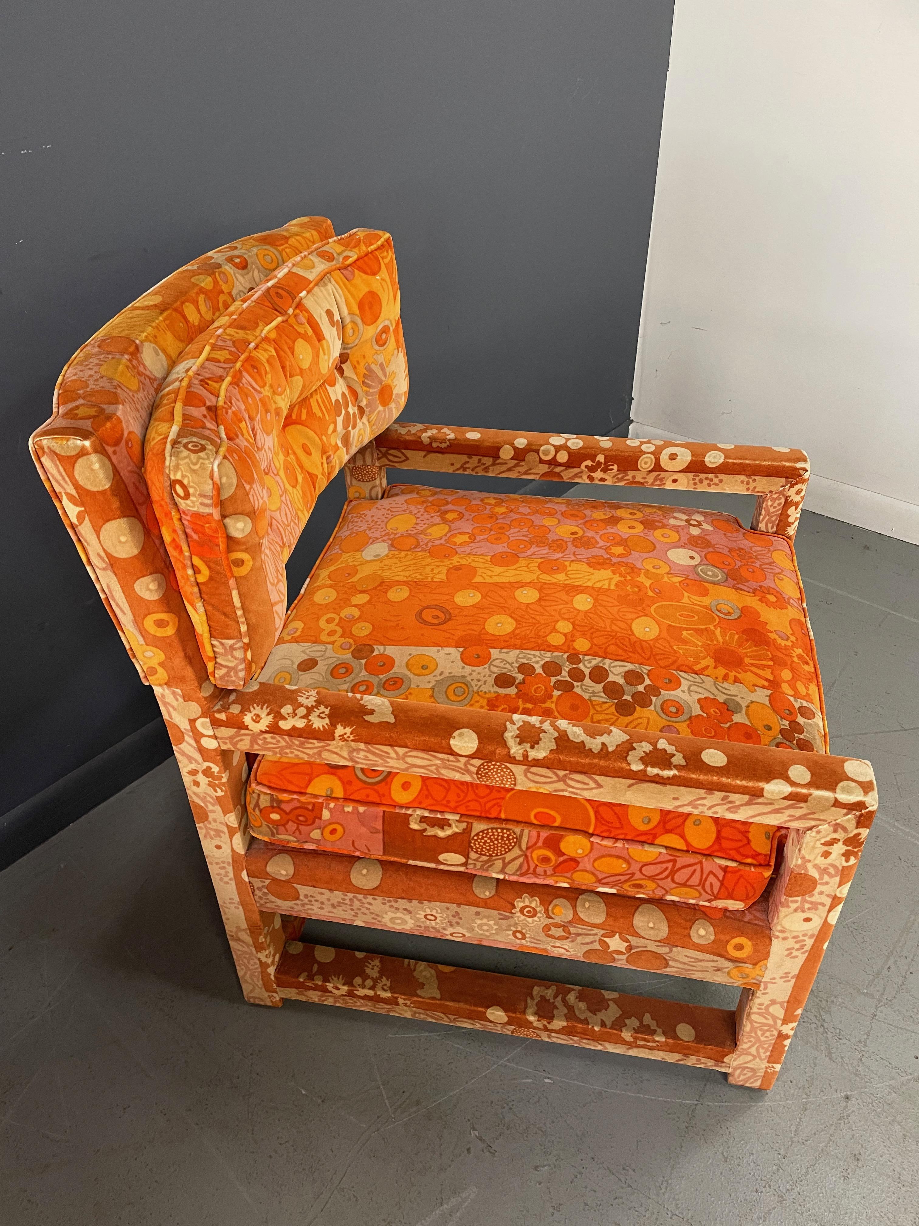 Milo Baughman Style Pair of Custom Parsons Chairs with Jack Lenor Larson Fabric 2