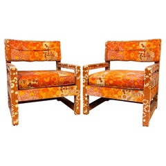 Milo Baughman Style Pair of Custom Parsons Chairs with Jack Lenor Larson Fabric