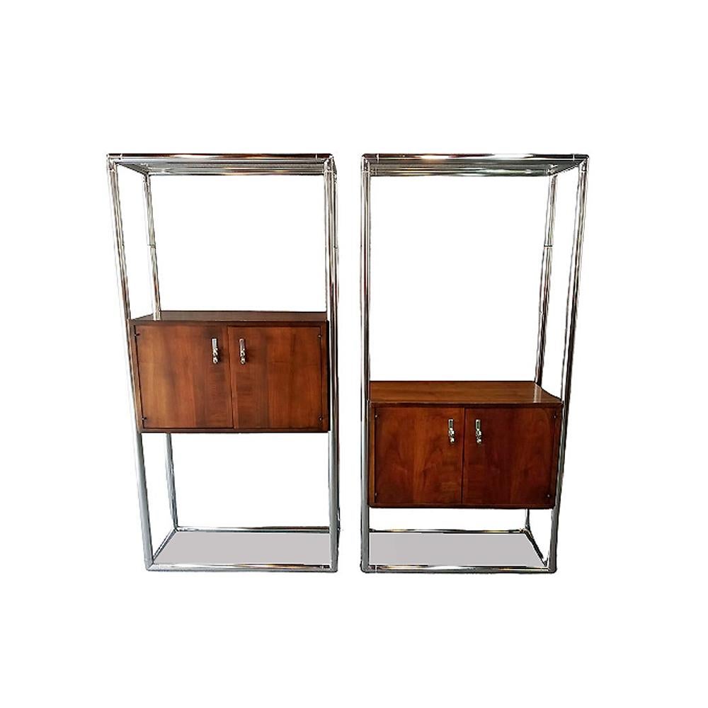 Milo Baughman Style Pair Lane Etegere Chrome Walnut Glass Mid-Century Classics