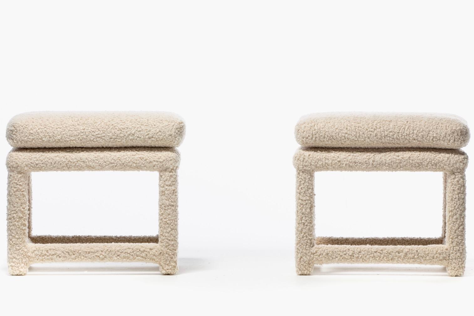 Milo Baughman Style Pair of Parsons Ottomans Benches in Ivory Bouclé For Sale 8