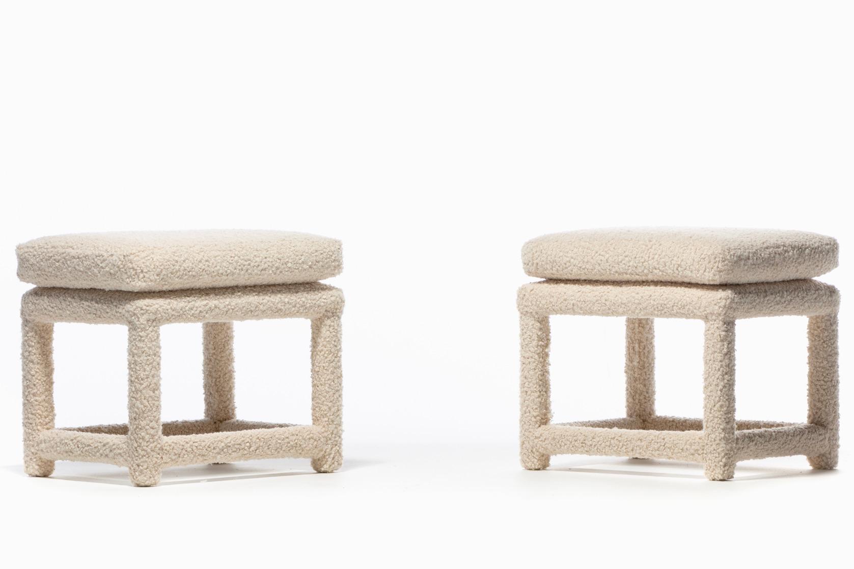 Milo Baughman Style Pair of Parsons Ottomans Benches in Ivory Bouclé For Sale 9