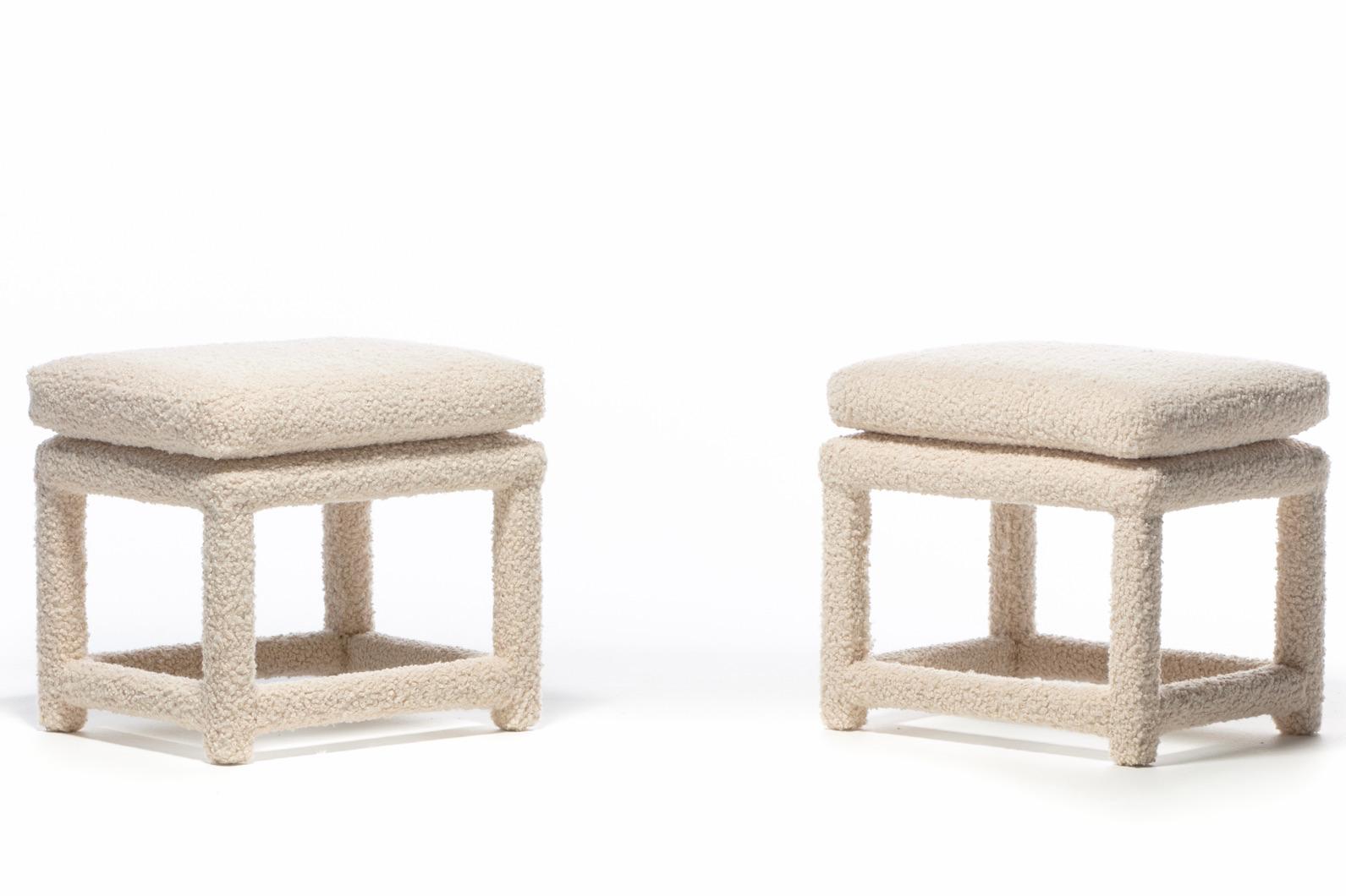 Contemporary Milo Baughman Style Pair of Parsons Ottomans Benches in Ivory Bouclé For Sale