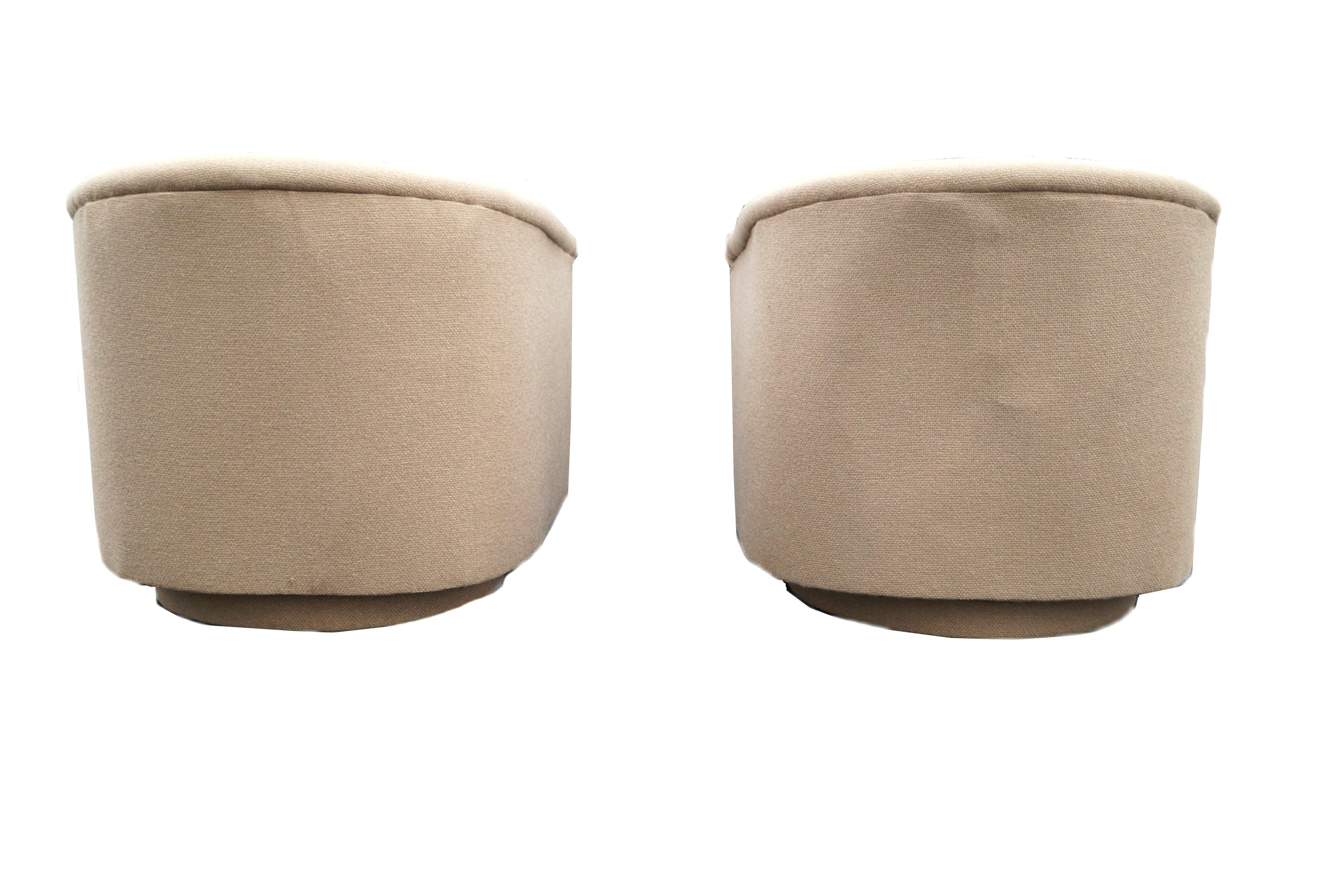 American Milo Baughman Style Pair of Swivel Barrel Chairs