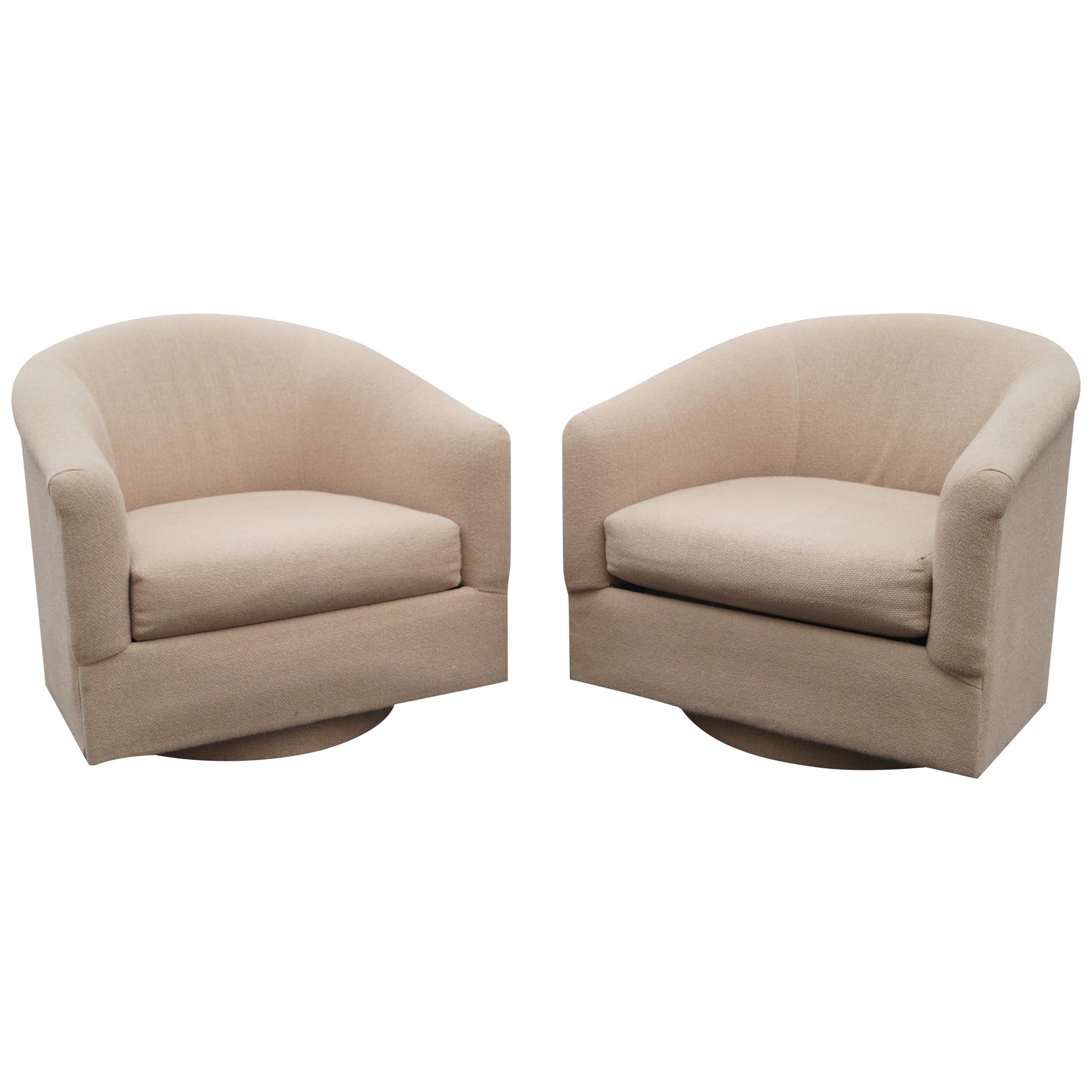 Milo Baughman Style Pair of Swivel Barrel Chairs